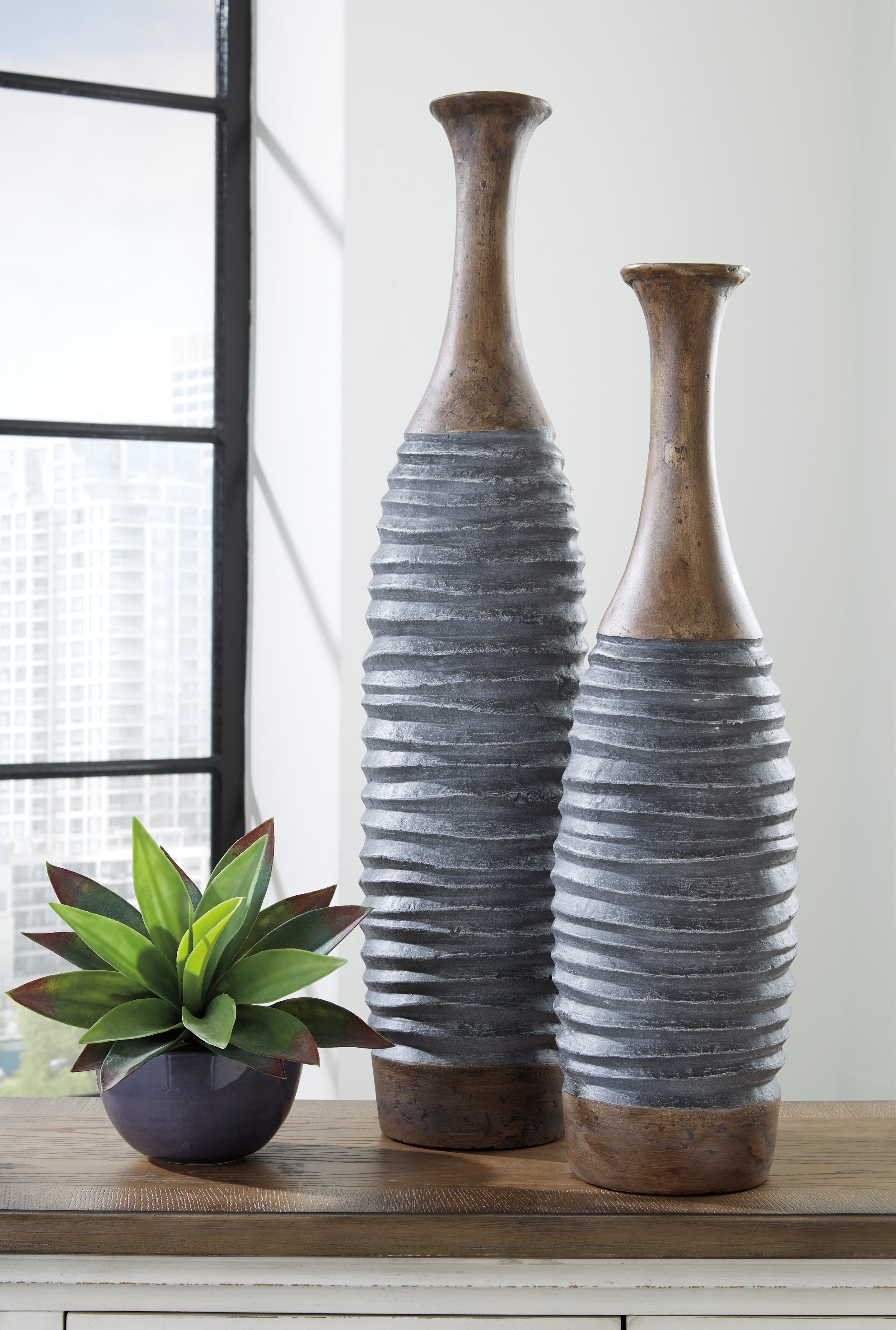 Sectionals for Less - Ashley Furniture - Blayze Vase - Vase Set (Set of 2) / Antique Gray/Brown - A2000388