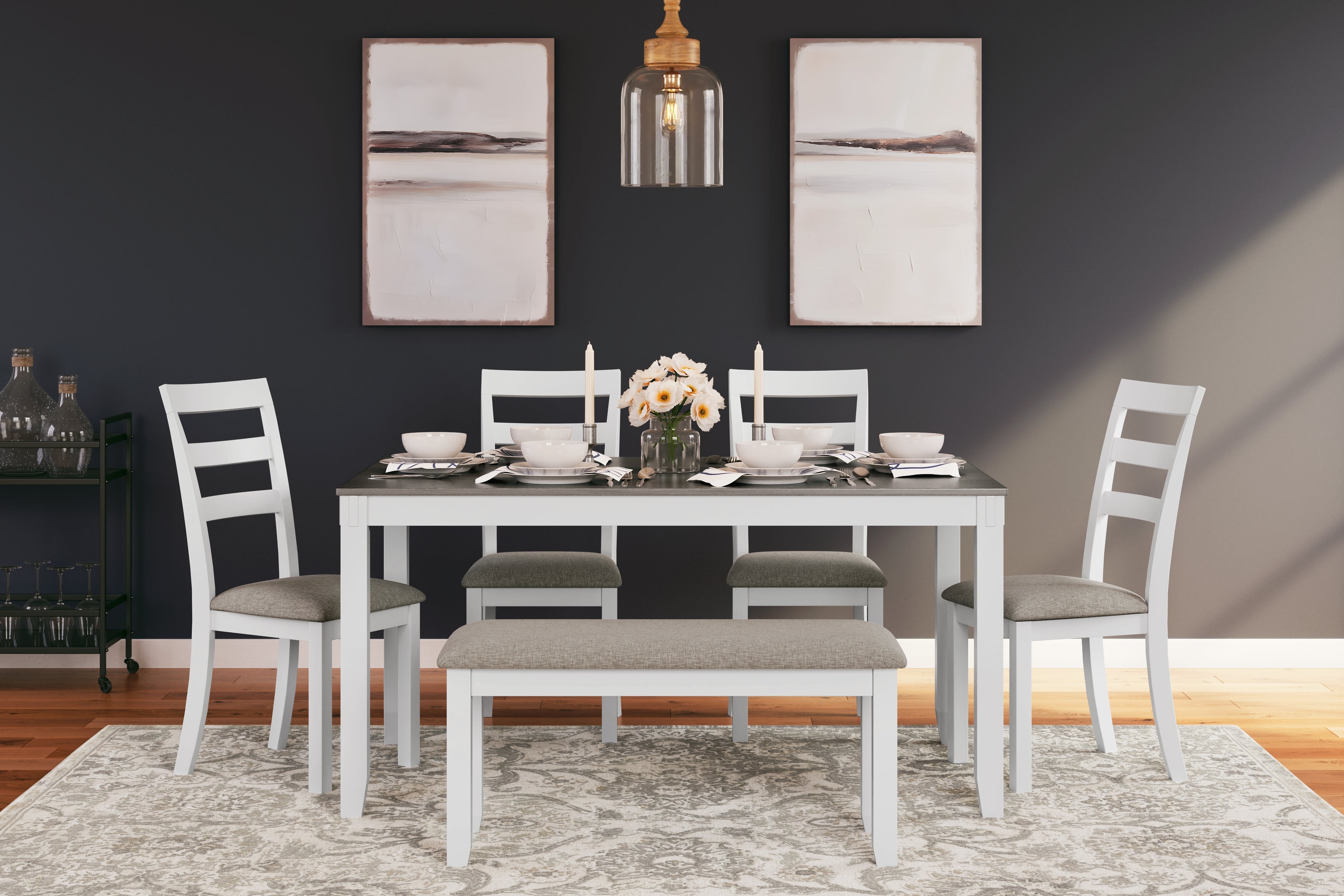 Sectionals for Less - Ashley Furniture - Stonehollow Dining Room - RECT DRM Table Set (6/CN) / White/Gray - D382-325