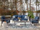 Sectionals for Less - Ashley Furniture - Gali Outdoor - Sofa/Chairs/Table Set (4/CN) / Gray/Blue - P275-081