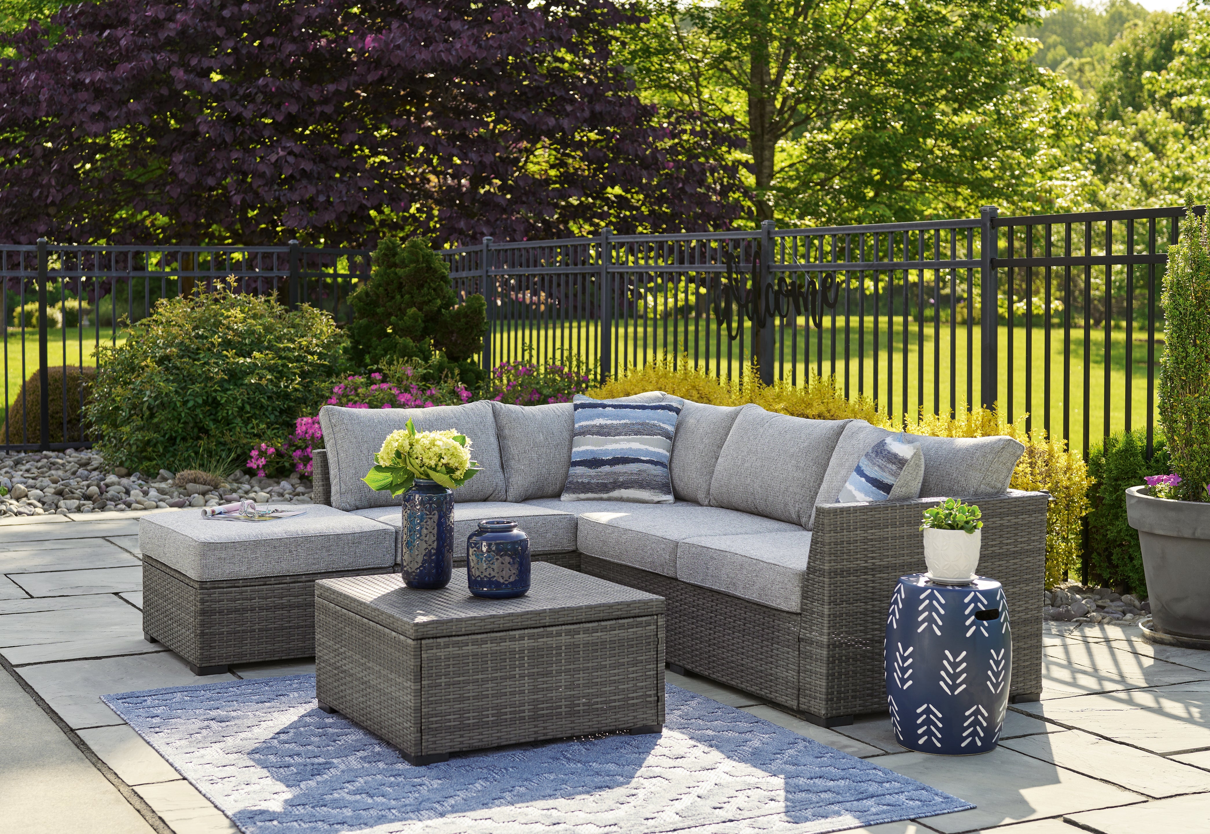 Sectionals for Less - Ashley Furniture - Petal Road Outdoor - LoveseatSEC/OTTO/TBL Set(4/CN) / Gray - P297-070