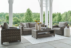Sectionals for Less - Ashley Furniture - Oasis Court Outdoor - Sofa/Chairs/Table Set (4/CN) / Gray - P335-081