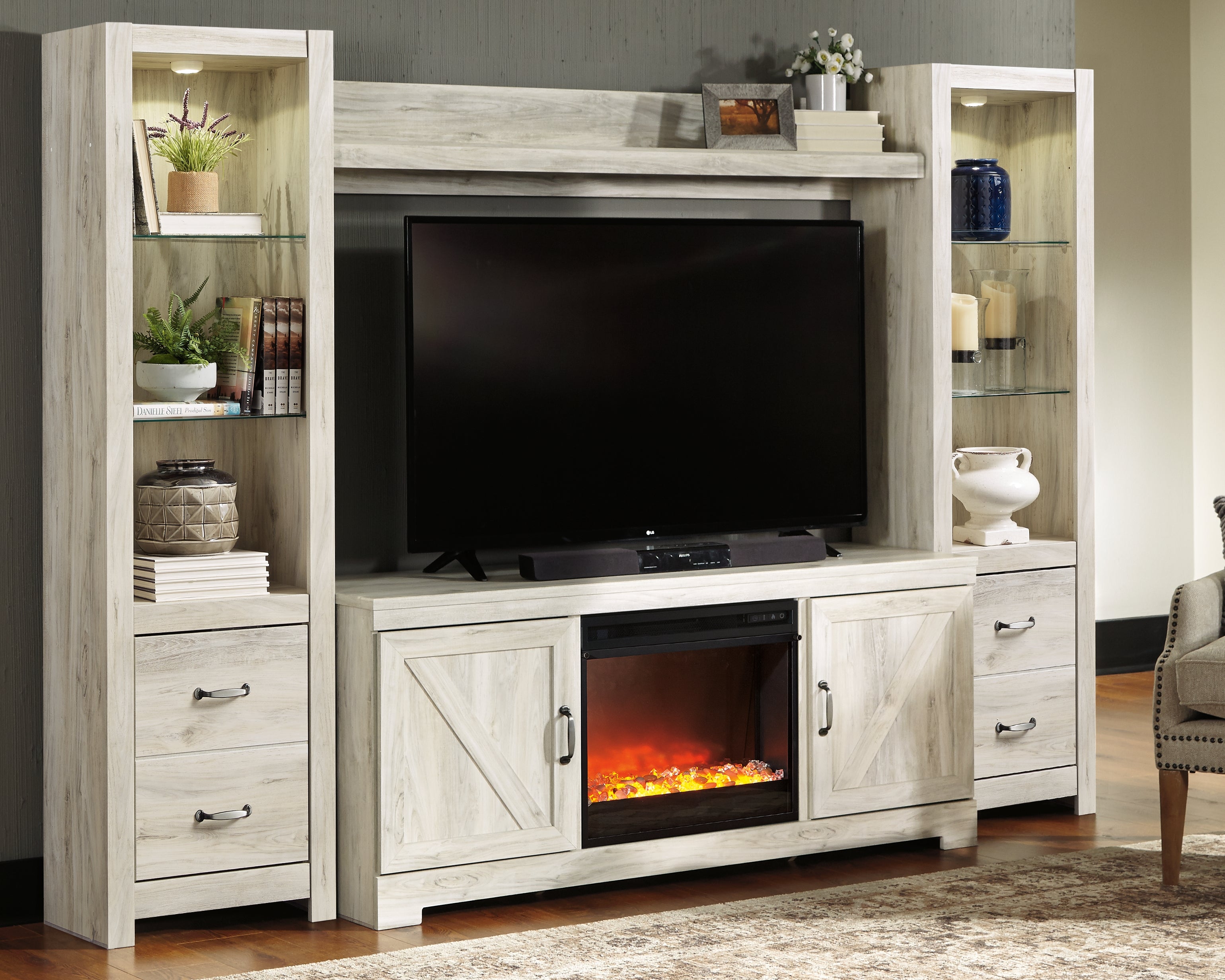 Sectionals for Less - Ashley Furniture - Bellaby 4-Piece Entertainment Center with Fireplace - 4-Piece Entertainment Center with Fireplace / Whitewash - W331W5