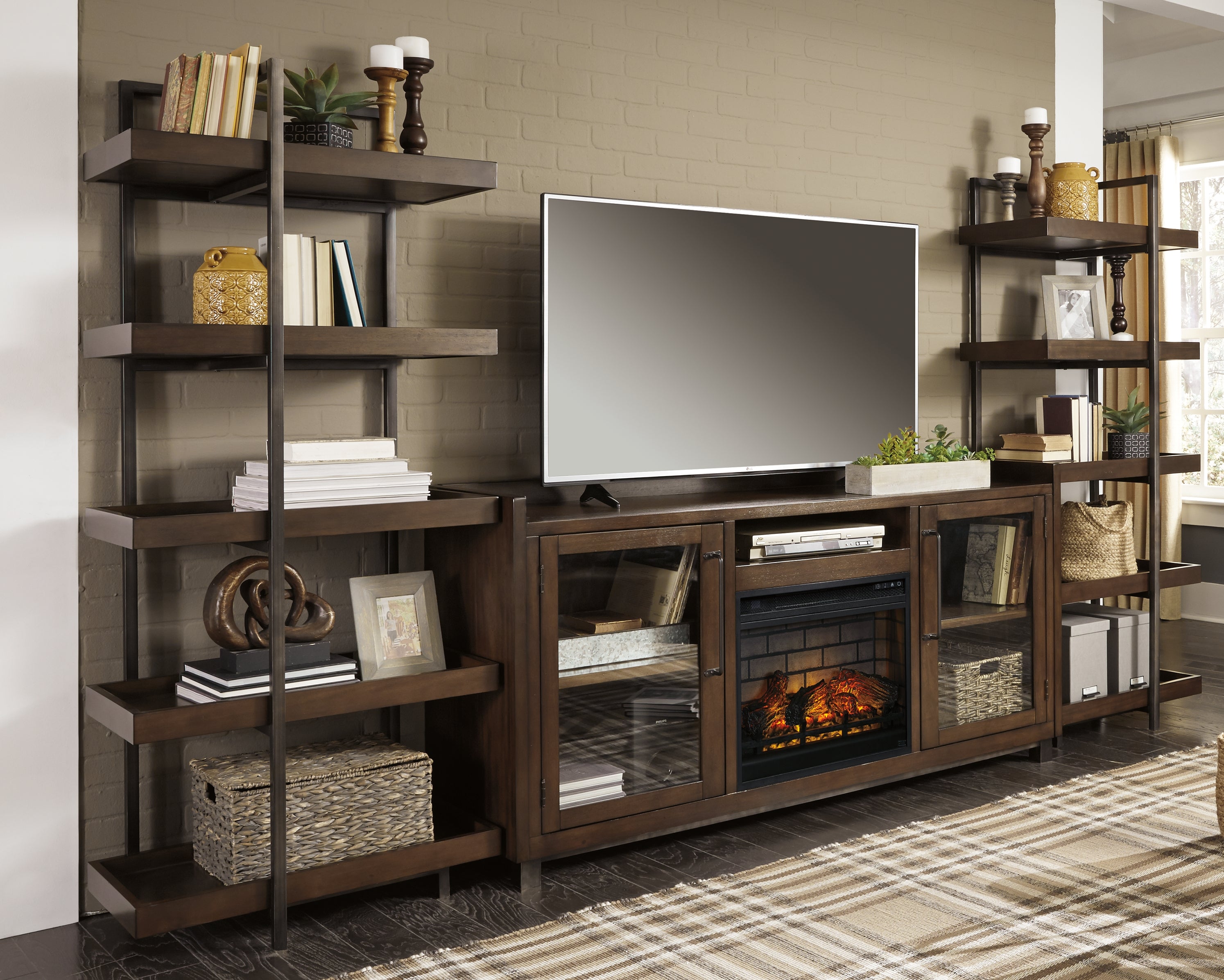 Sectionals for Less - Ashley Furniture - Starmore 3-Piece Wall Unit with Electric Fireplace - 3-Piece Wall Unit with Electric Fireplace / Brown/Gunmetal - W633W6