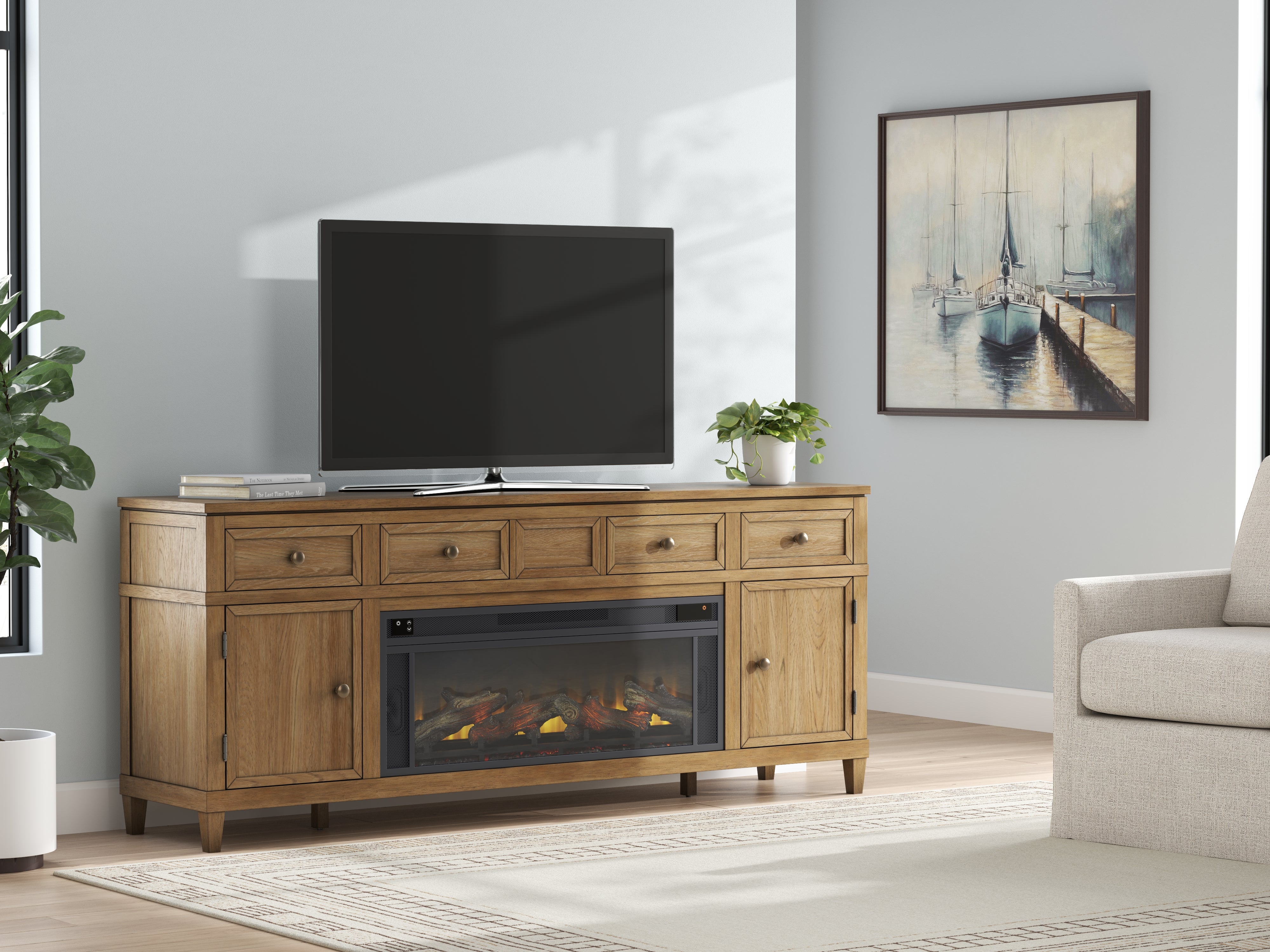 Sectionals for Less - Ashley Furniture - Sharlance 81" TV Stand with Electric Fireplace - 81" TV Stand with Electric Fireplace / Light Brown - W655W1