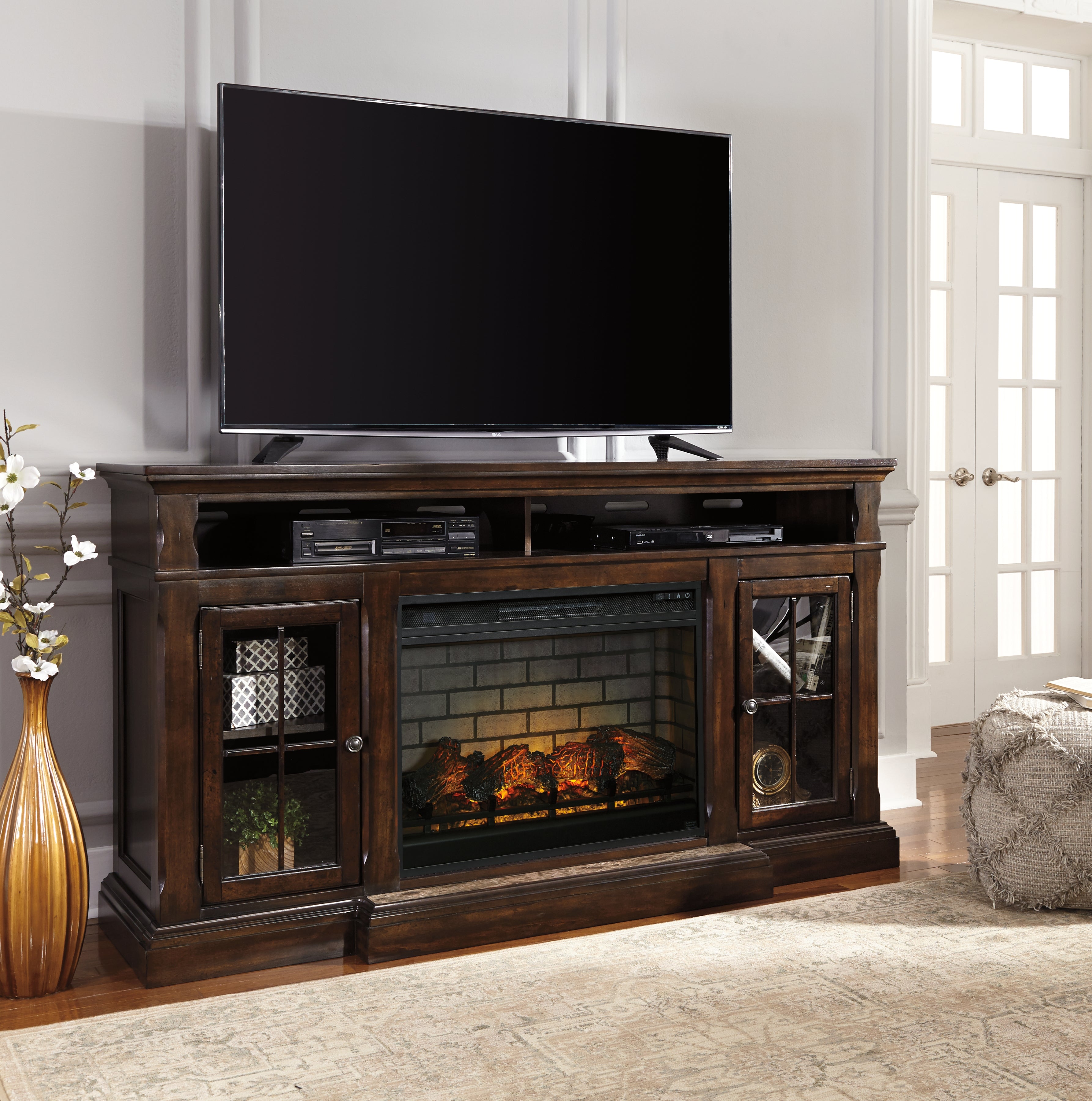 Sectionals for Less - Ashley Furniture - Roddinton 72" TV Stand with Electric Fireplace - 72" TV Stand with Electric Fireplace / Dark Brown - W701W8