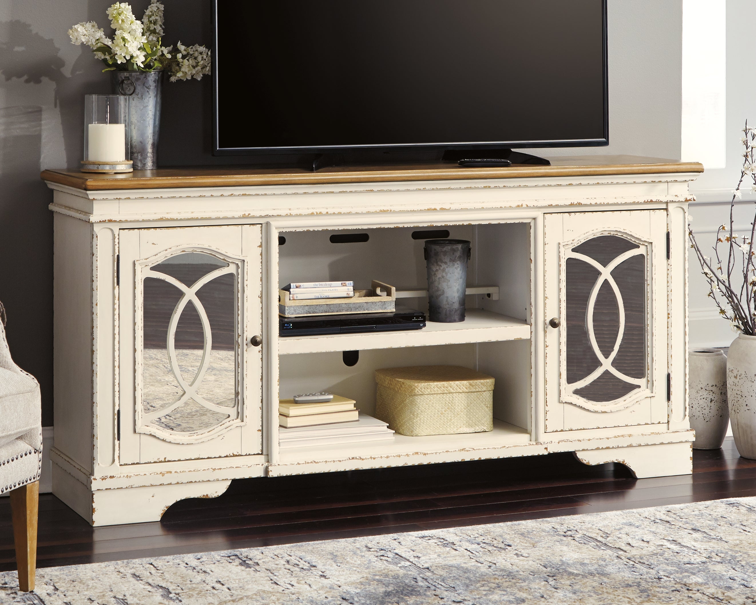 Sectionals for Less - Ashley Furniture - Realyn 74" TV Stand - 74" / Chipped White - W743-68