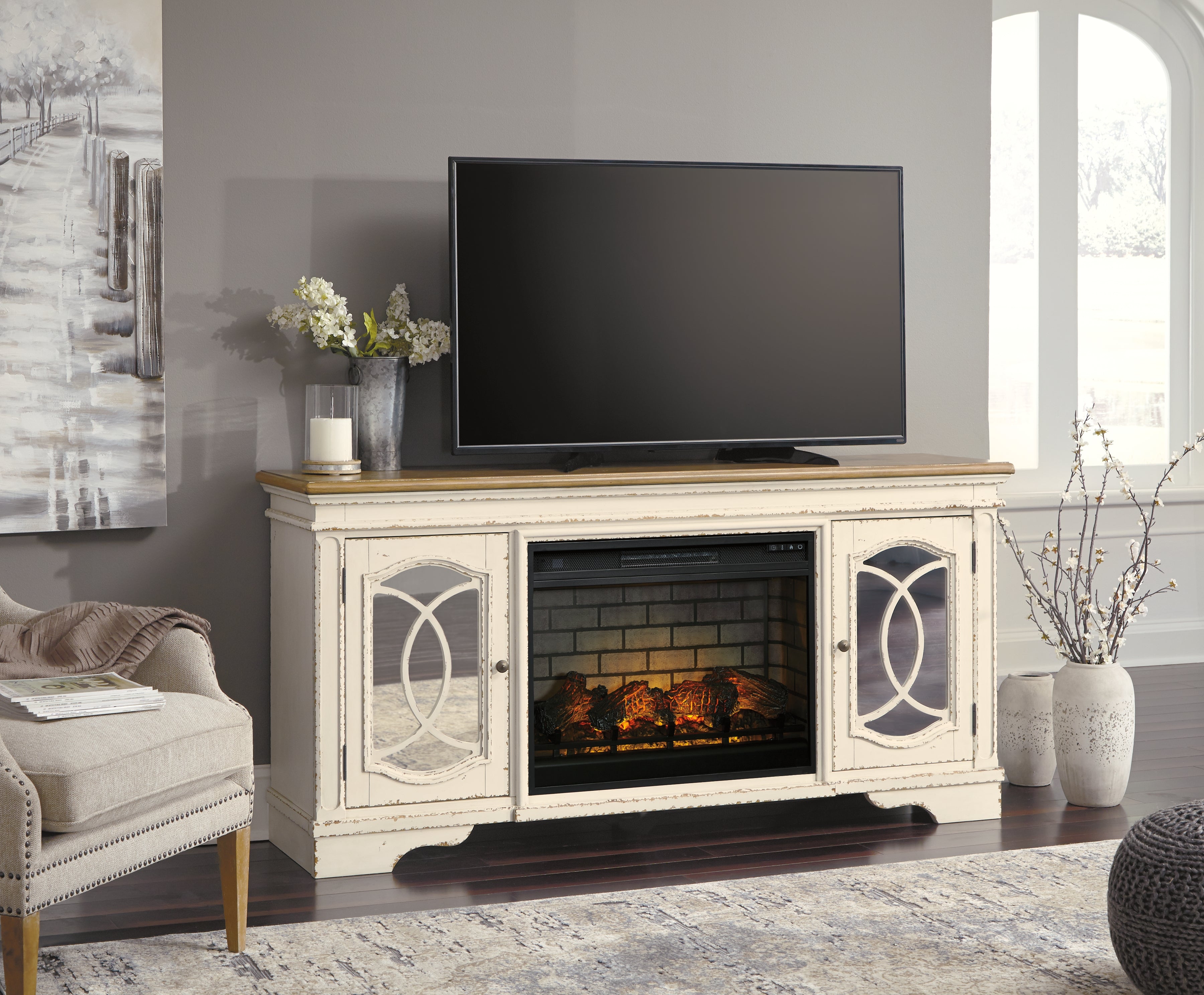 Sectionals for Less - Ashley Furniture - Realyn 74" TV Stand with Electric Fireplace - 74" TV Stand with Electric Fireplace / Chipped White - W743W2