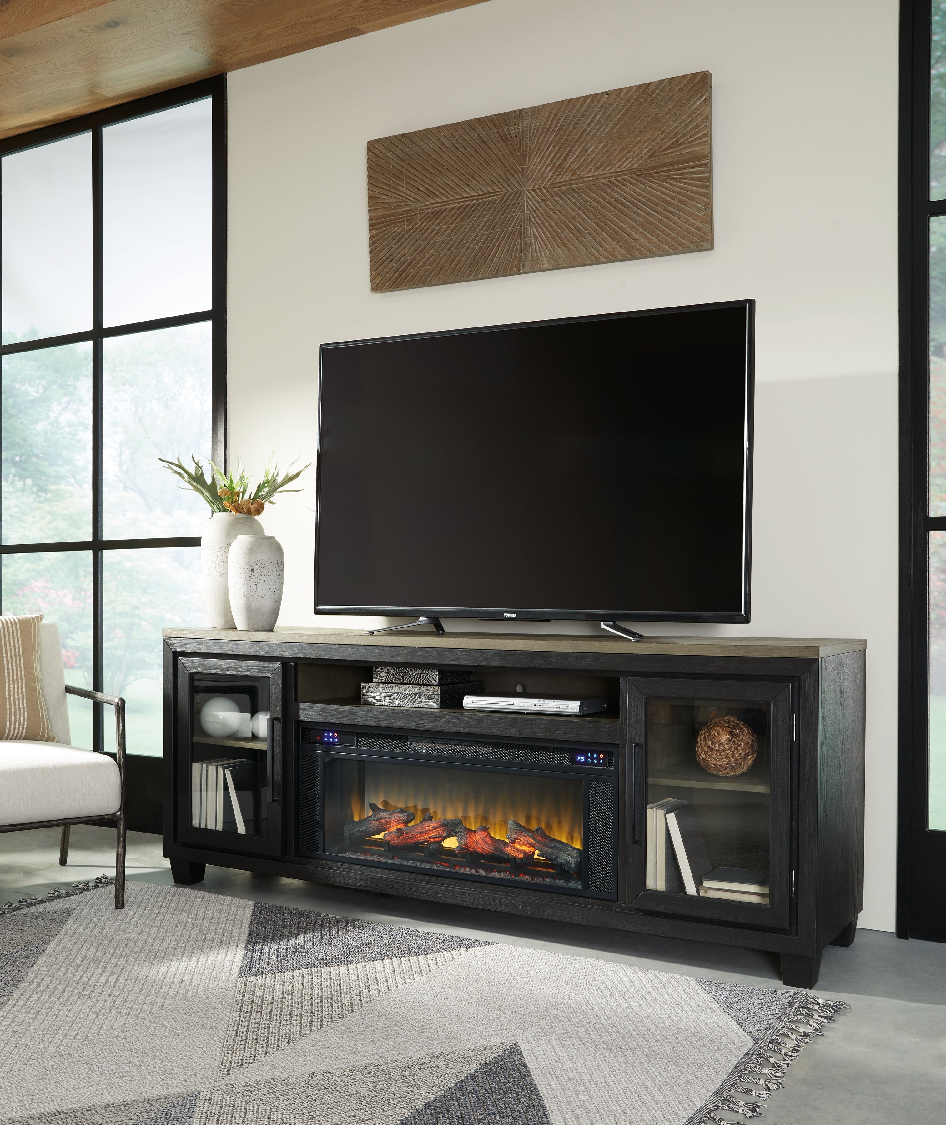 Sectionals for Less - Ashley Furniture - Foyland 83" TV Stand with Electric Fireplace - 83" TV Stand with Electric Fireplace / Black/Brown - W989W1
