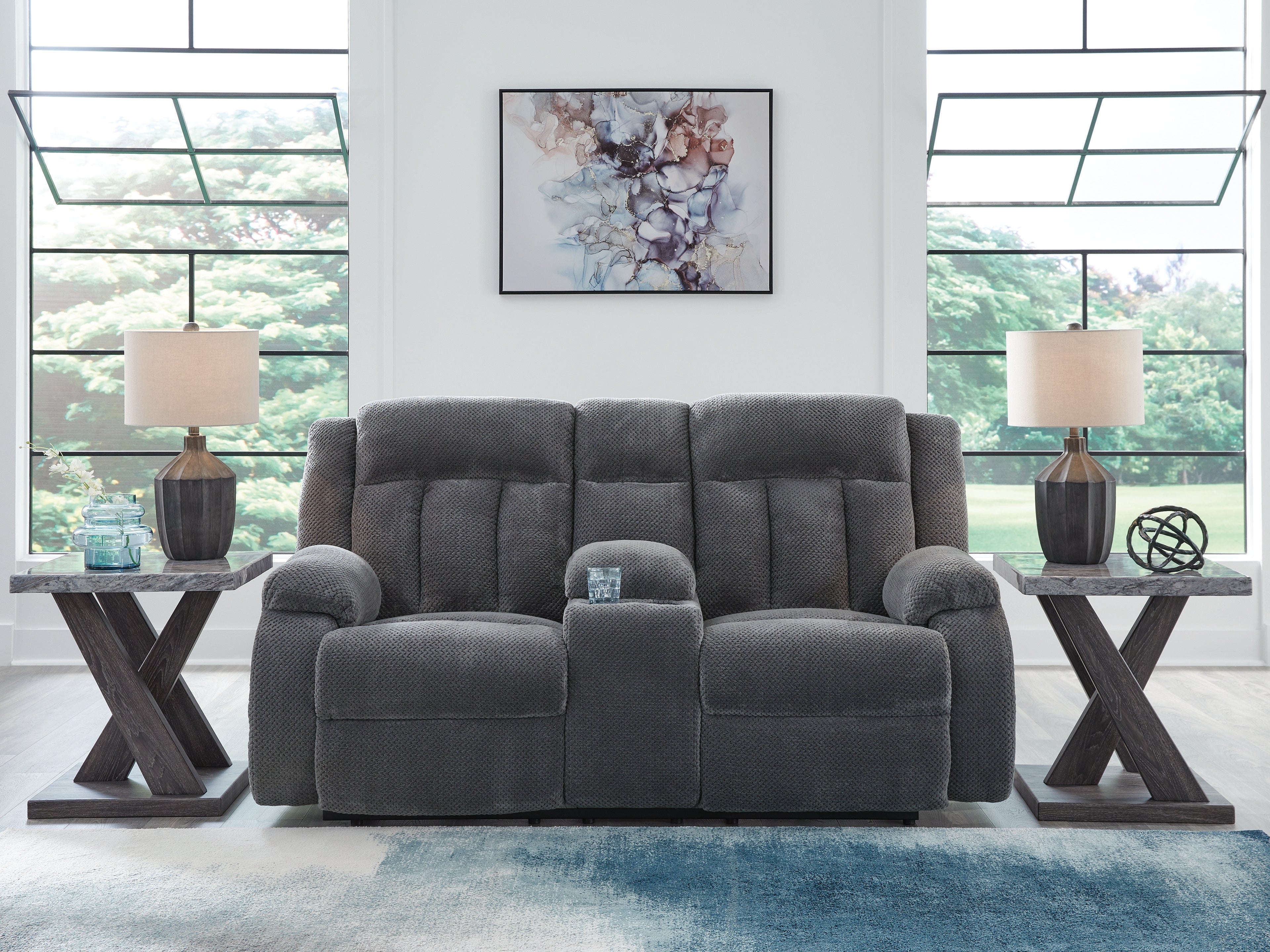 Sectionals for Less - Ashley Furniture - Observation Living Room - DBL REC PWR Loveseat w/Console / Steel - PC2140596