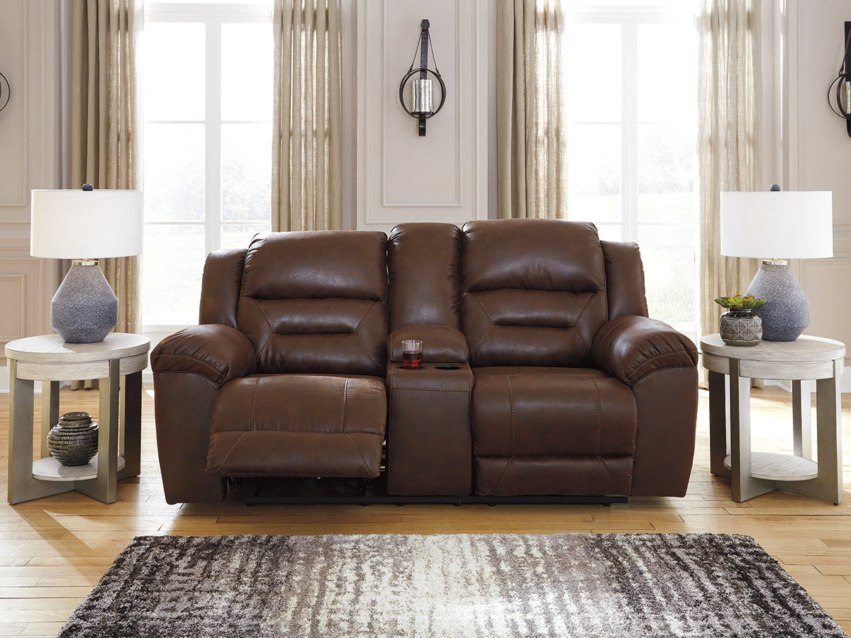 Sectionals for Less - Ashley Furniture - Stoneland Living Room - DBL REC PWR Loveseat w/Console / Chocolate - 3990496