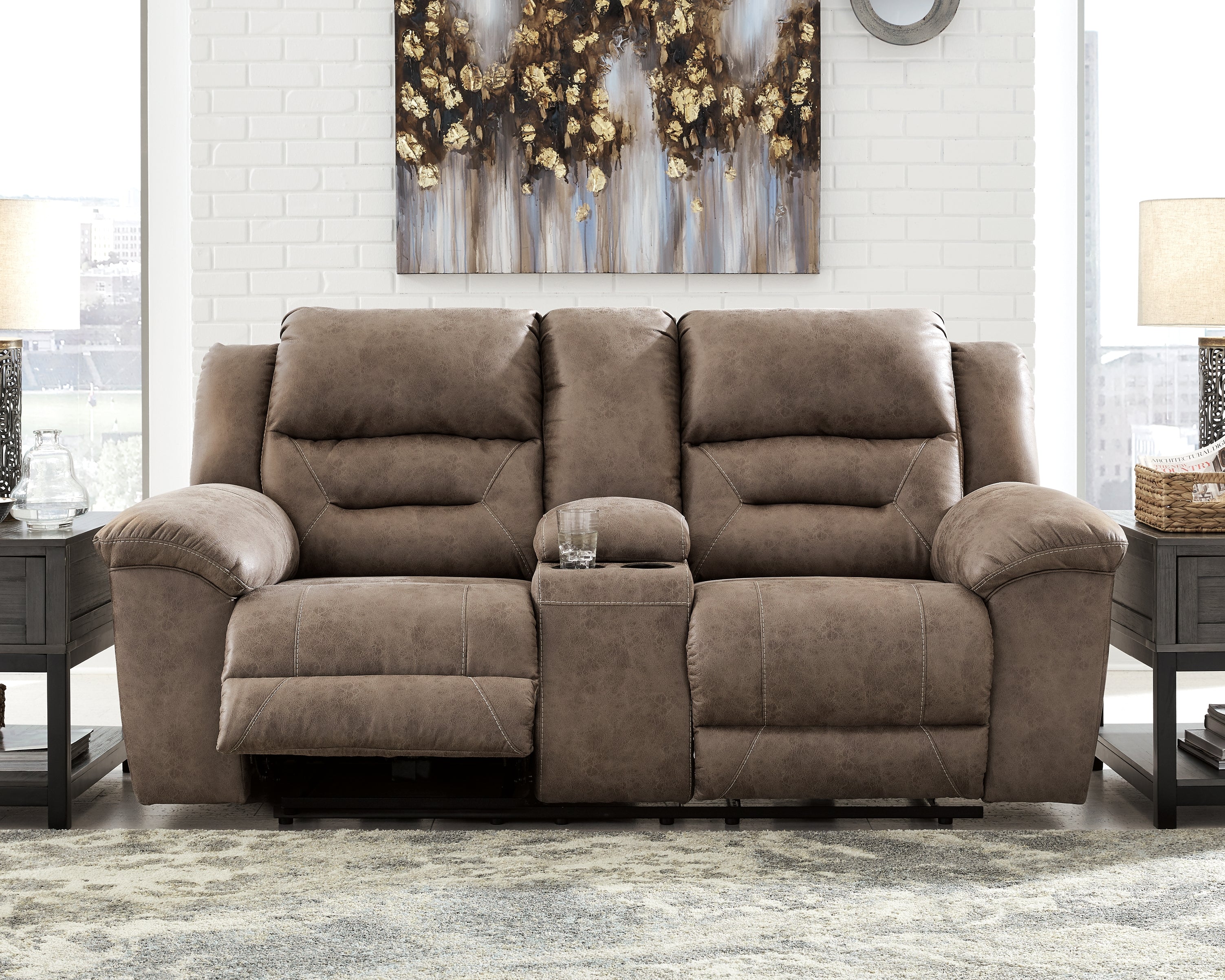 Sectionals for Less - Ashley Furniture - Stoneland Living Room - DBL REC PWR Loveseat w/Console / Fossil - 3990596