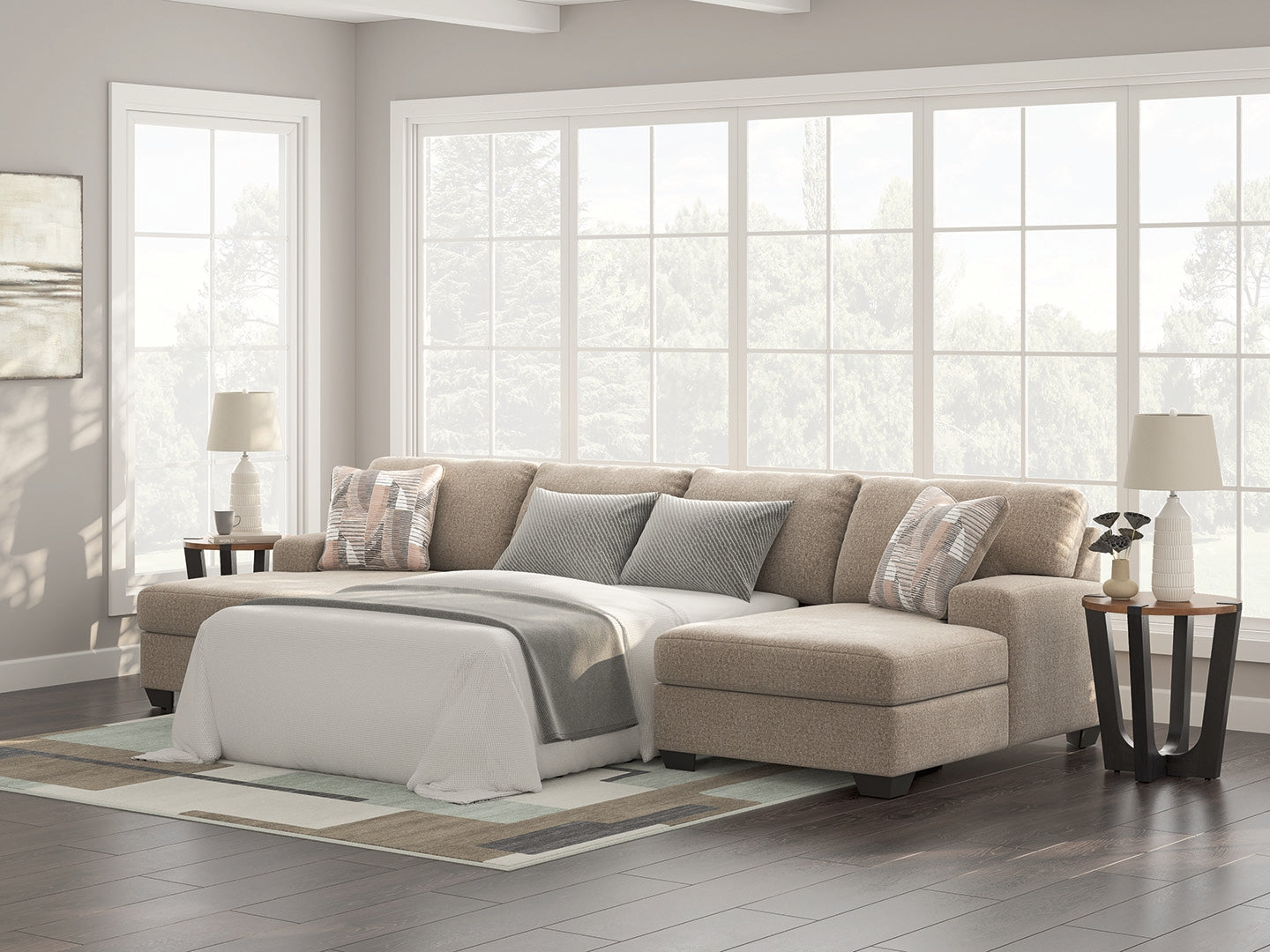 Sectionals for Less - Ashley Furniture - Newellen Sectional - RAF 3-Piece Sleeper Sectional with Double Chaise / Hemp - 48404S7