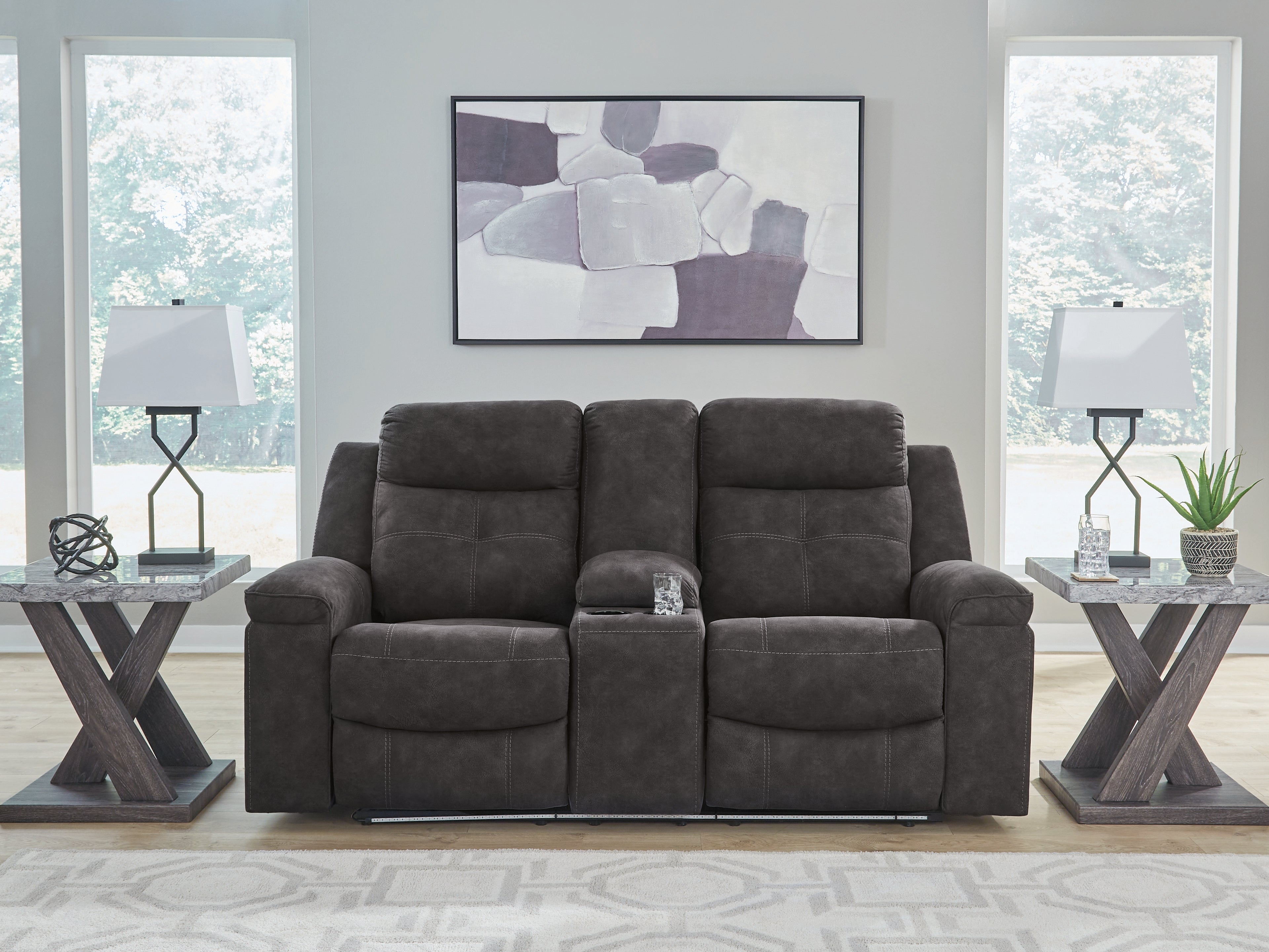 Sectionals for Less - Ashley Furniture - Brysonview Living Room - DBL Rec Loveseat w/Console / Charcoal - 6360594