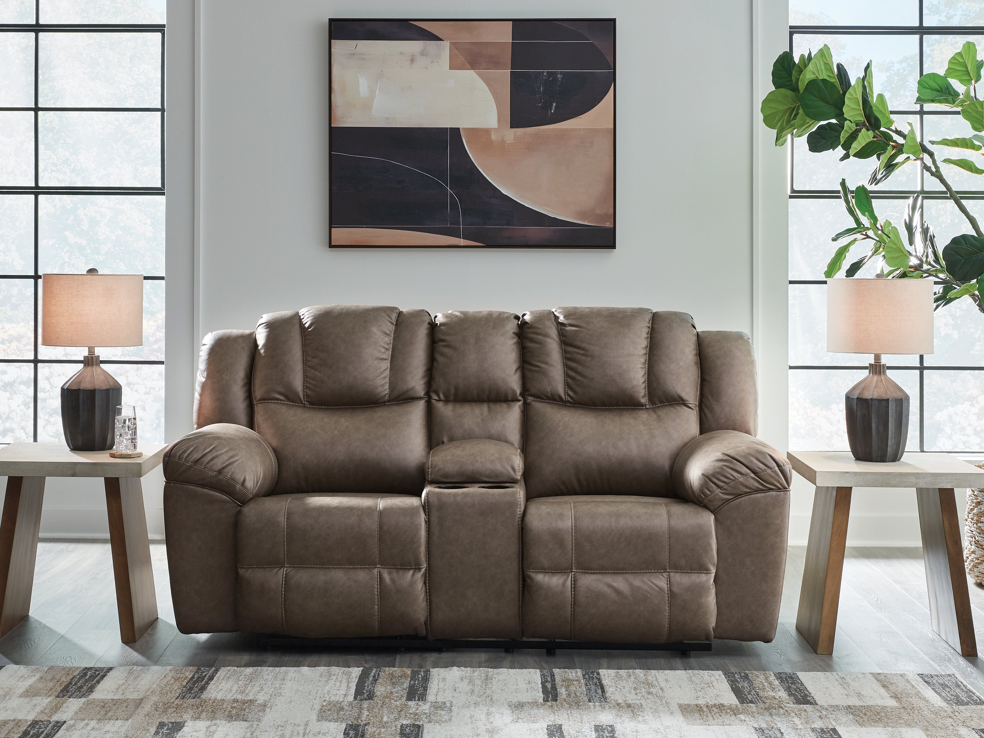 Sectionals for Less - Ashley Furniture - Lowilla Living Room - DBL Rec Loveseat w/Console / Driftwood - PC6450694