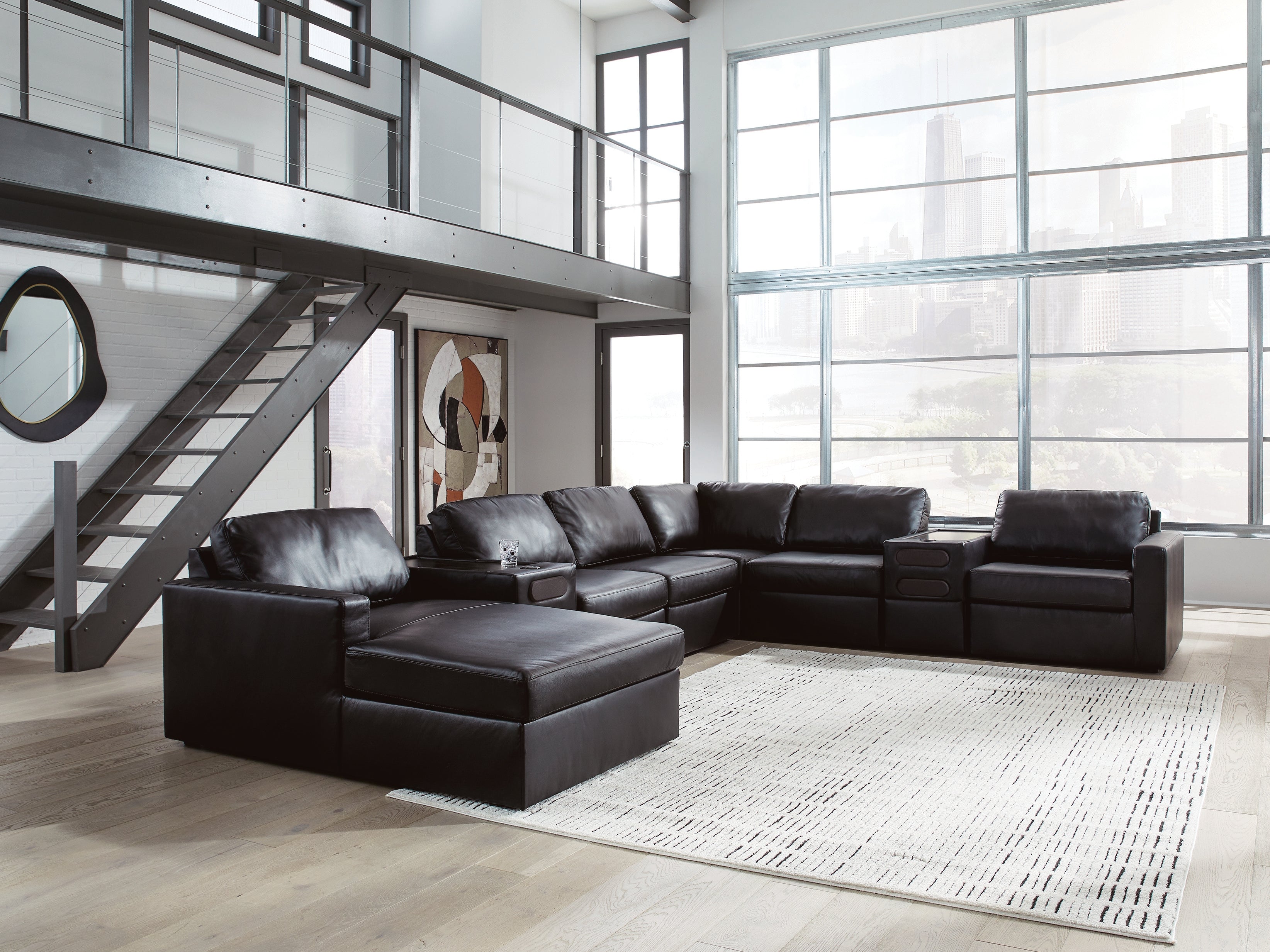 Sectionals for Less - Ashley Furniture - ModMax II Sectional - RAF 8-Piece Sectional with Chaise and Audio Consoles / Black - 74305S47