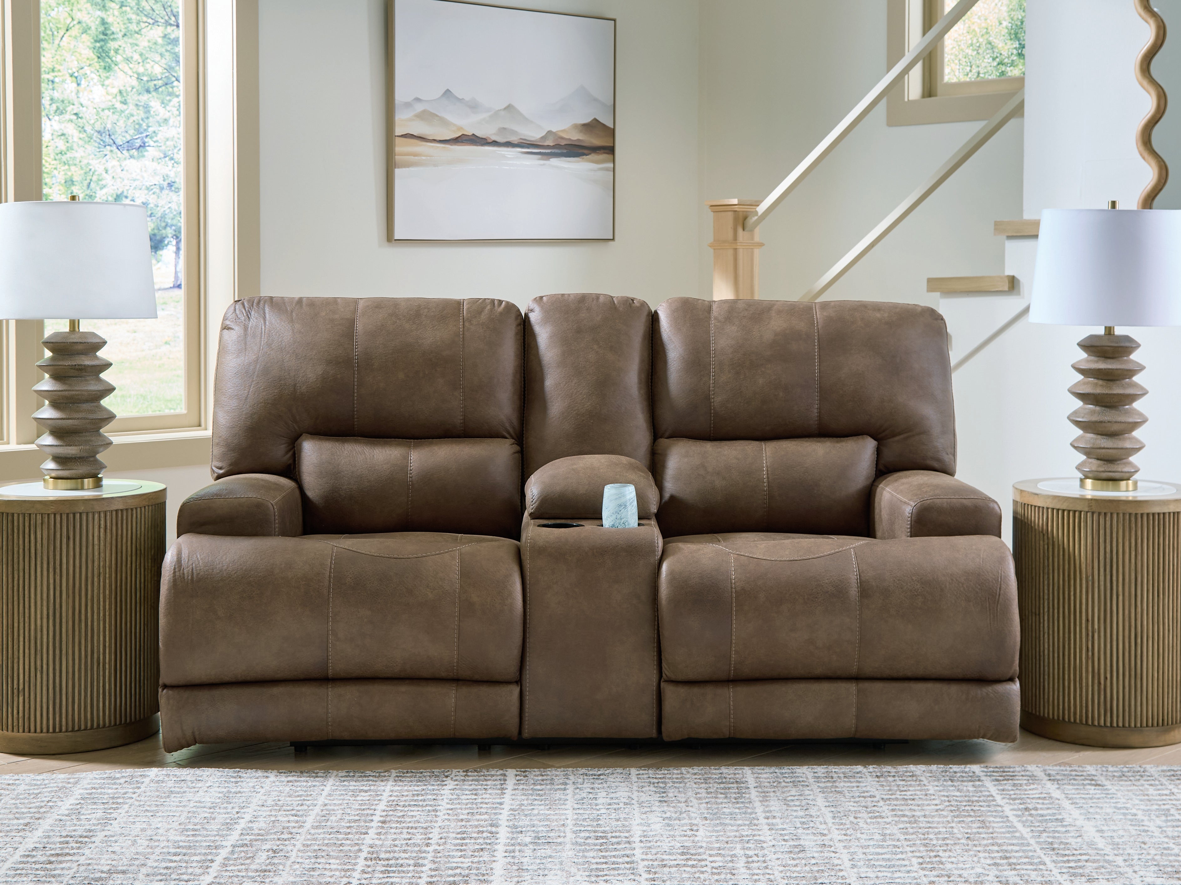 Sectionals for Less - Ashley Furniture - Beckley Place Living Room - PWR REC Loveseat/CON/ADJ HDRST / Earth - PC9180218