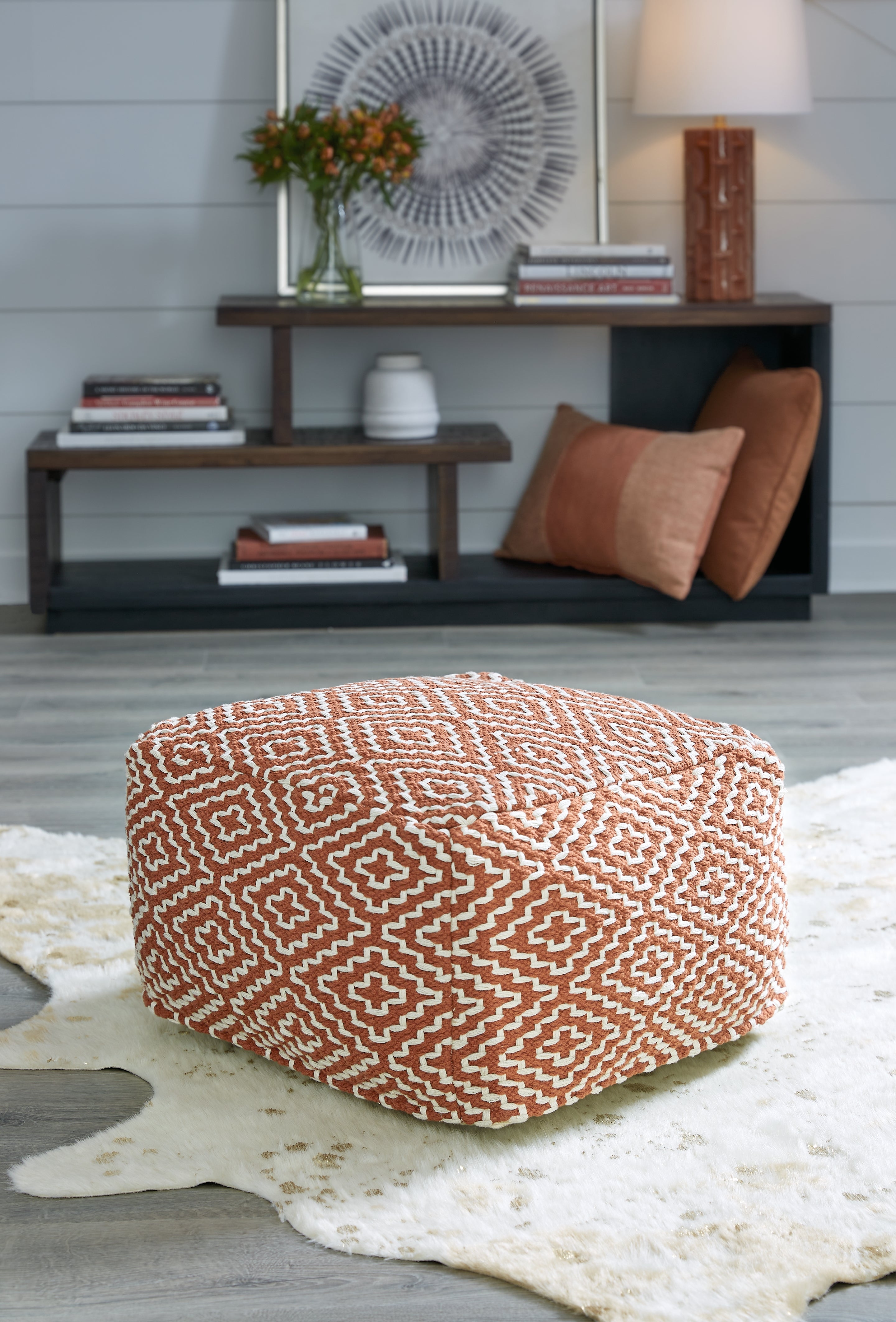 Sectionals for Less - Ashley Furniture - Brynnsen Pouf - Pouf / Rust/Ivory - A1001056