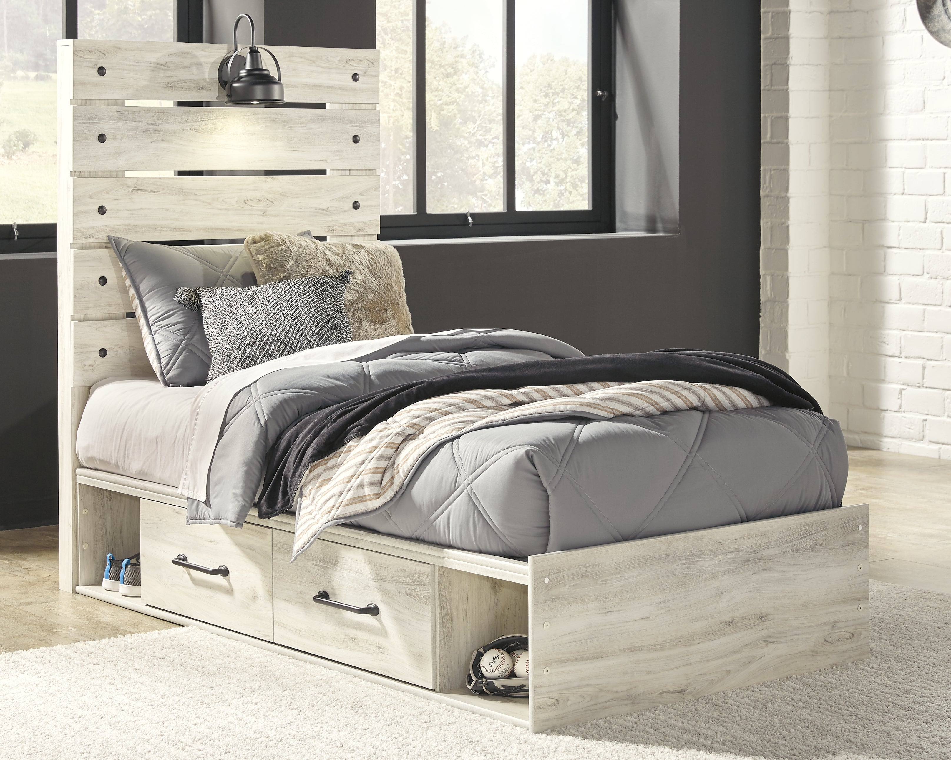 Sectionals for Less - Ashley Furniture - Cambeck Bedroom - Twin Panel Bed with 4 Storage Drawers / Whitewash - B192B21