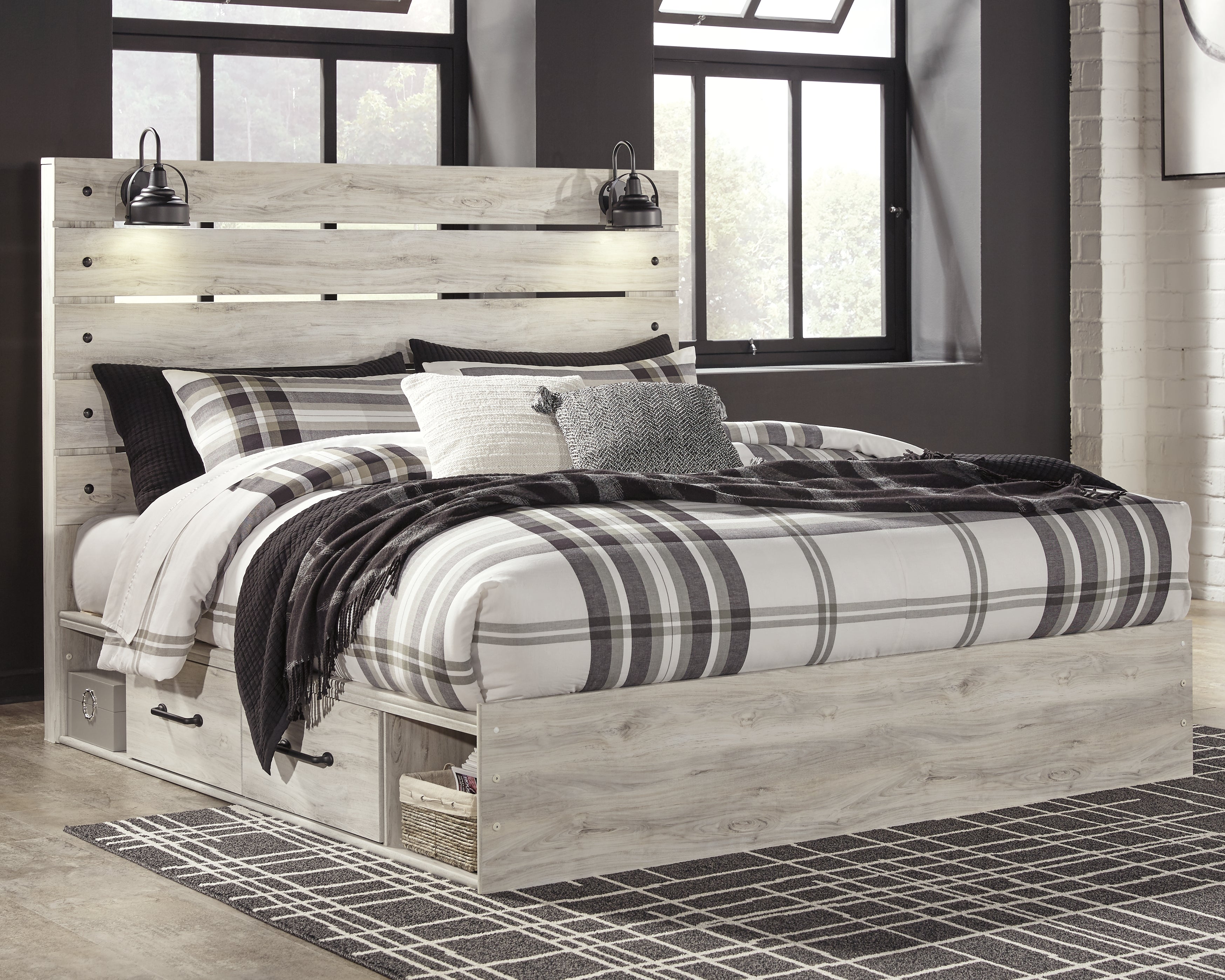 Sectionals for Less - Ashley Furniture - Cambeck Bedroom - King Panel Bed with 2 Storage Drawers / Whitewash - B192B19