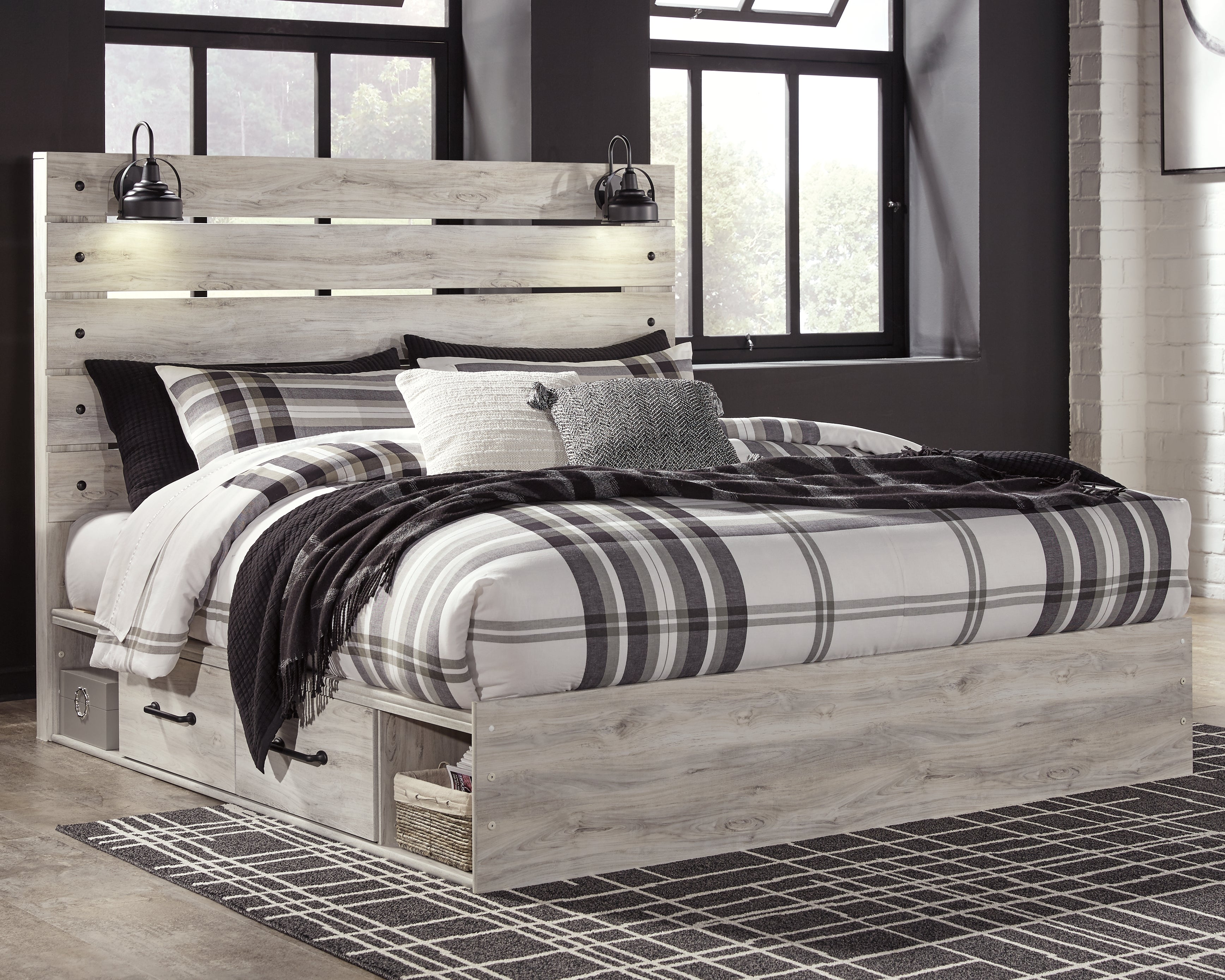 Sectionals for Less - Ashley Furniture - Cambeck Bedroom - King Panel Bed with 4 Storage Drawers / Whitewash - B192B27