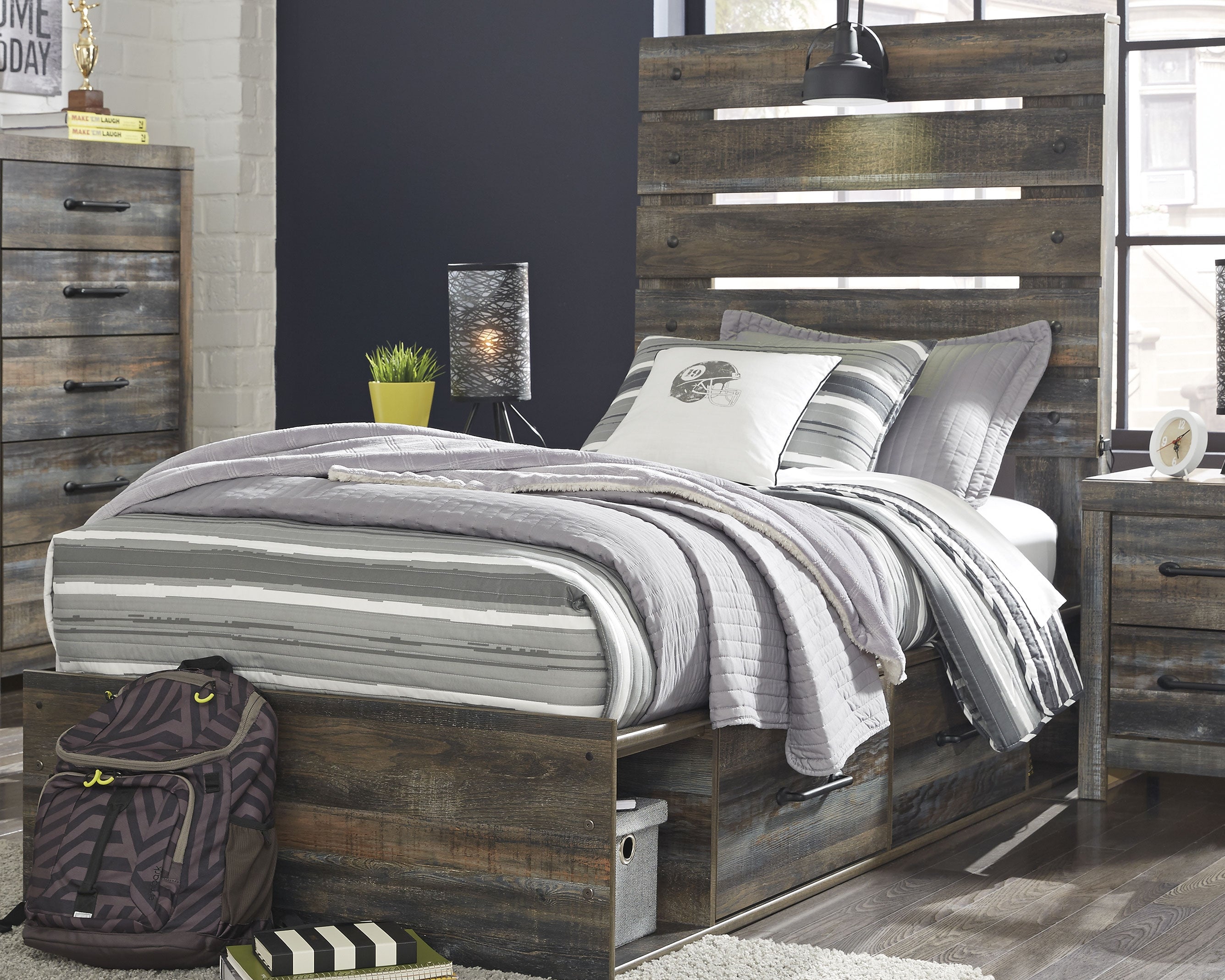 Sectionals for Less - Ashley Furniture - Drystan Bedroom - Twin Panel Bed with 4 Storage Drawers / Multi - B211B11