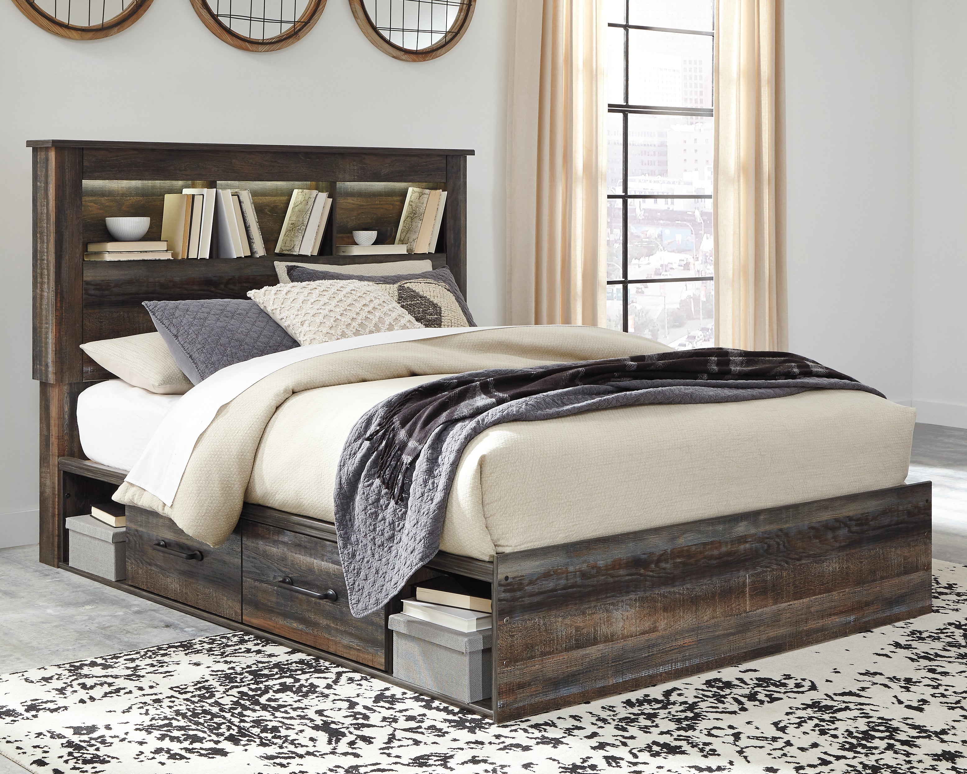 Sectionals for Less - Ashley Furniture - Drystan Bedroom - Queen Bookcase Bed with 4 Storage Drawers / Multi - B211B18