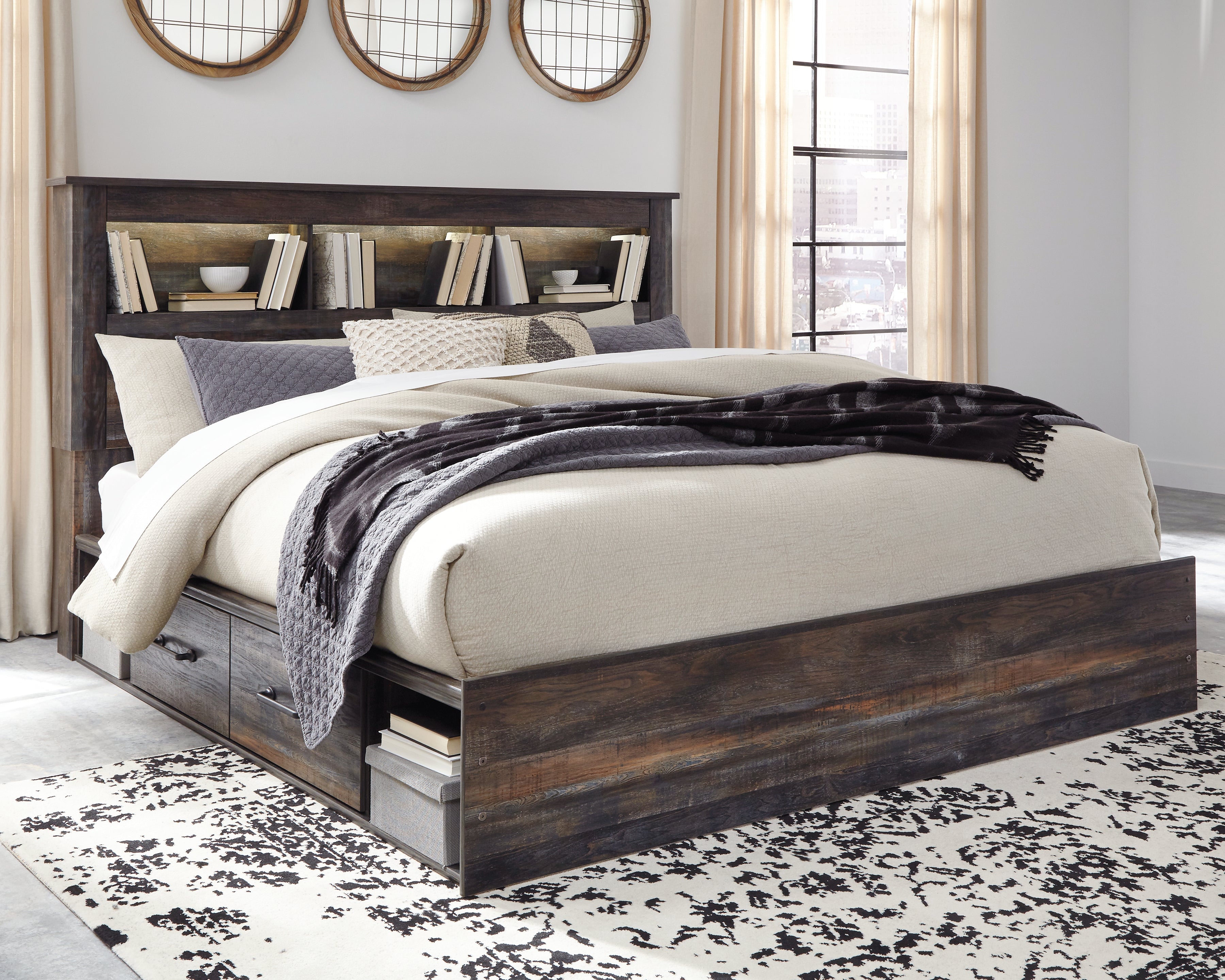 Sectionals for Less - Ashley Furniture - Drystan Bedroom - King Bookcase Bed with 4 Storage Drawers / Multi - B211B52