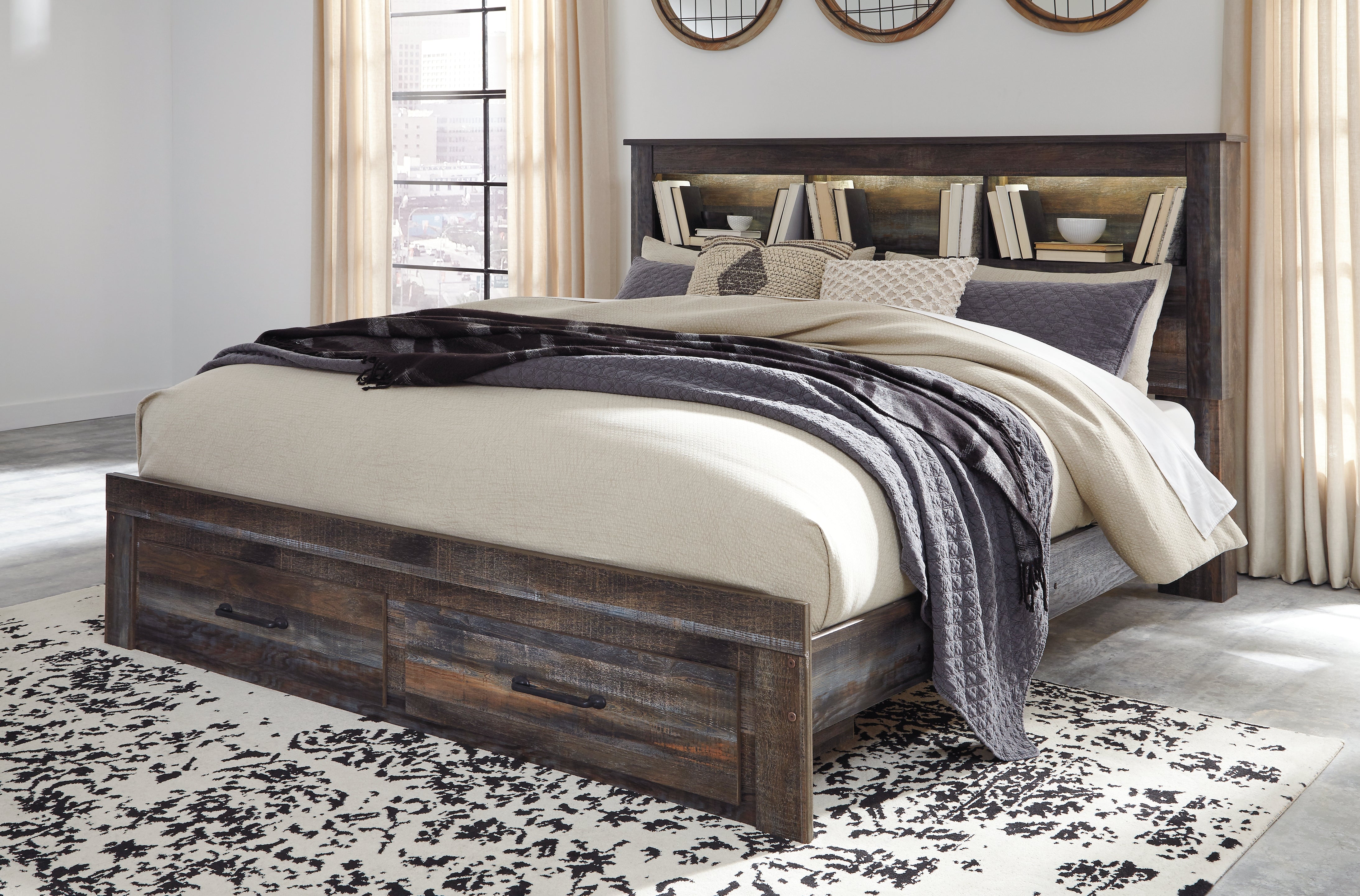 Sectionals for Less - Ashley Furniture - Drystan Bedroom - King Bookcase Bed with 2 Storage Drawers / Multi - B211B27