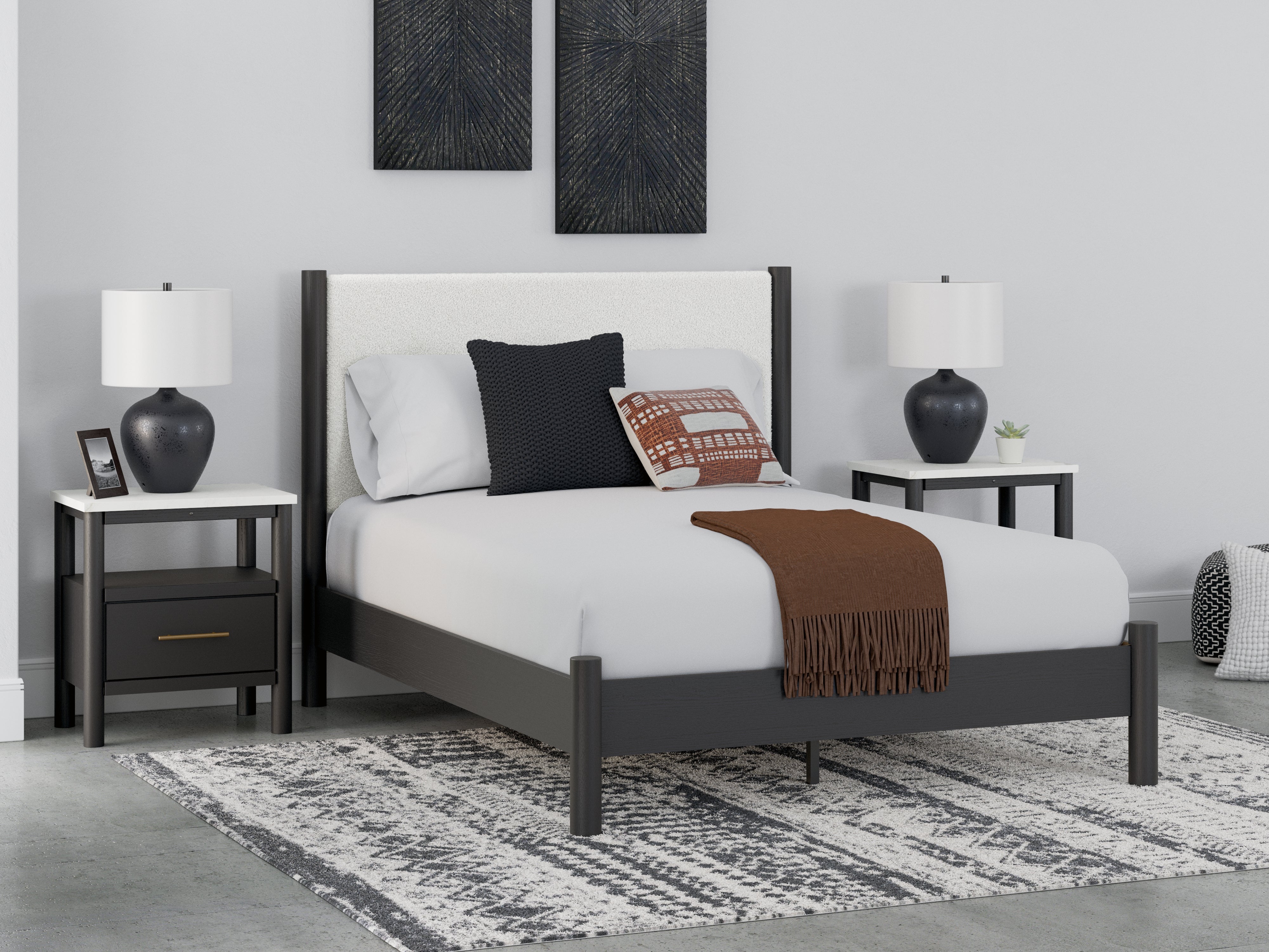 Sectionals for Less - Ashley Furniture - Cadmori Bedroom - Queen Upholstered Panel Bed / Black/White - B2616B2