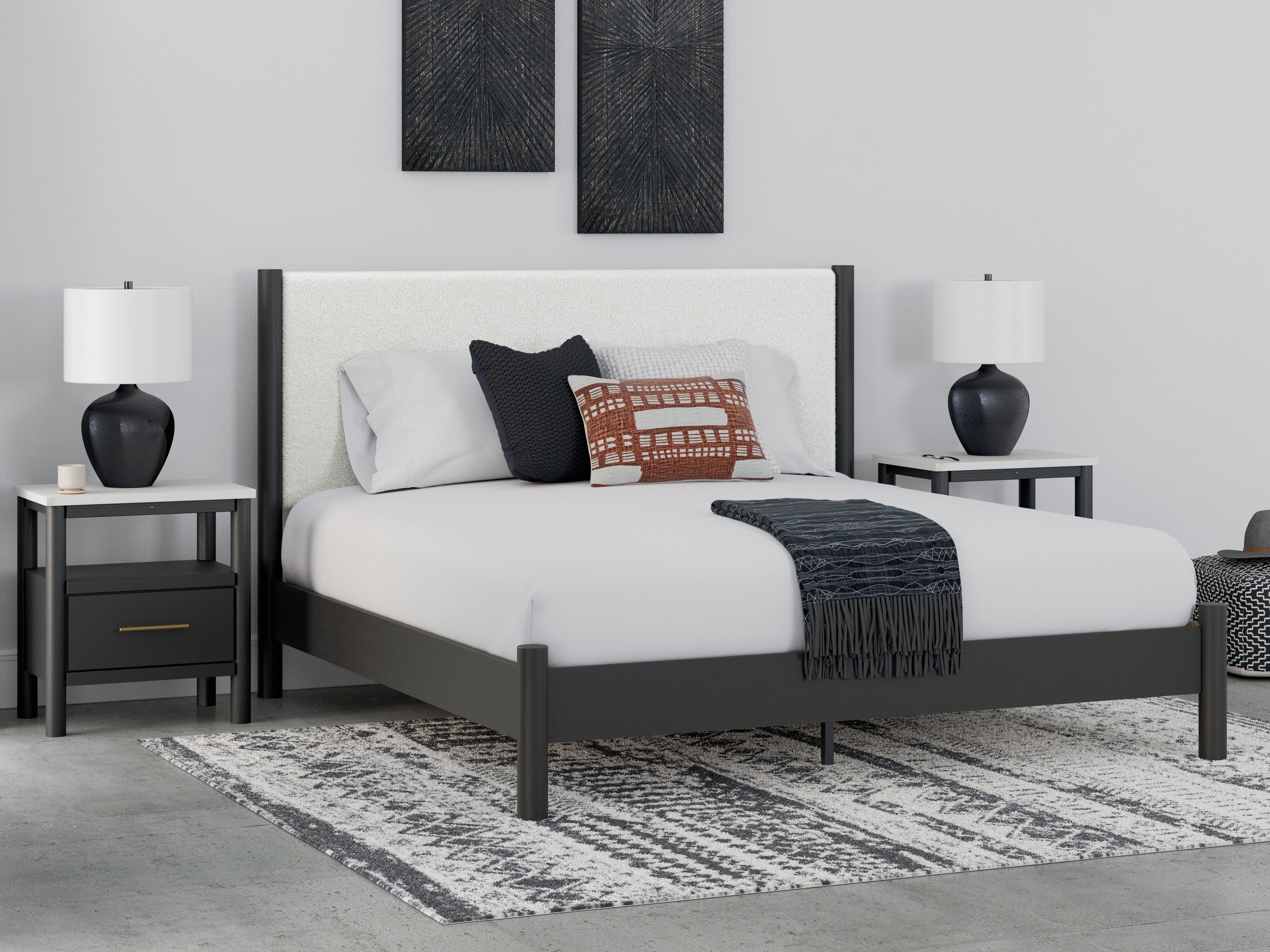 Sectionals for Less - Ashley Furniture - Cadmori Bedroom - King Upholstered Panel Bed / Black/White - B2616B8