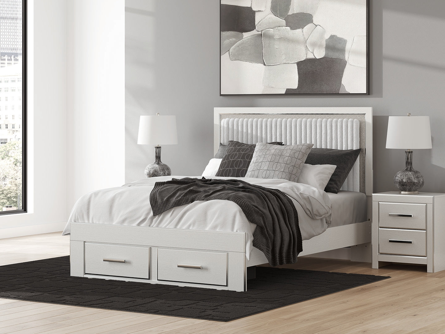 Sectionals for Less - Ashley Furniture - Zuraleus Bedroom - Queen Upholstered Panel Platform Storage Bed / White - PCB3381B4