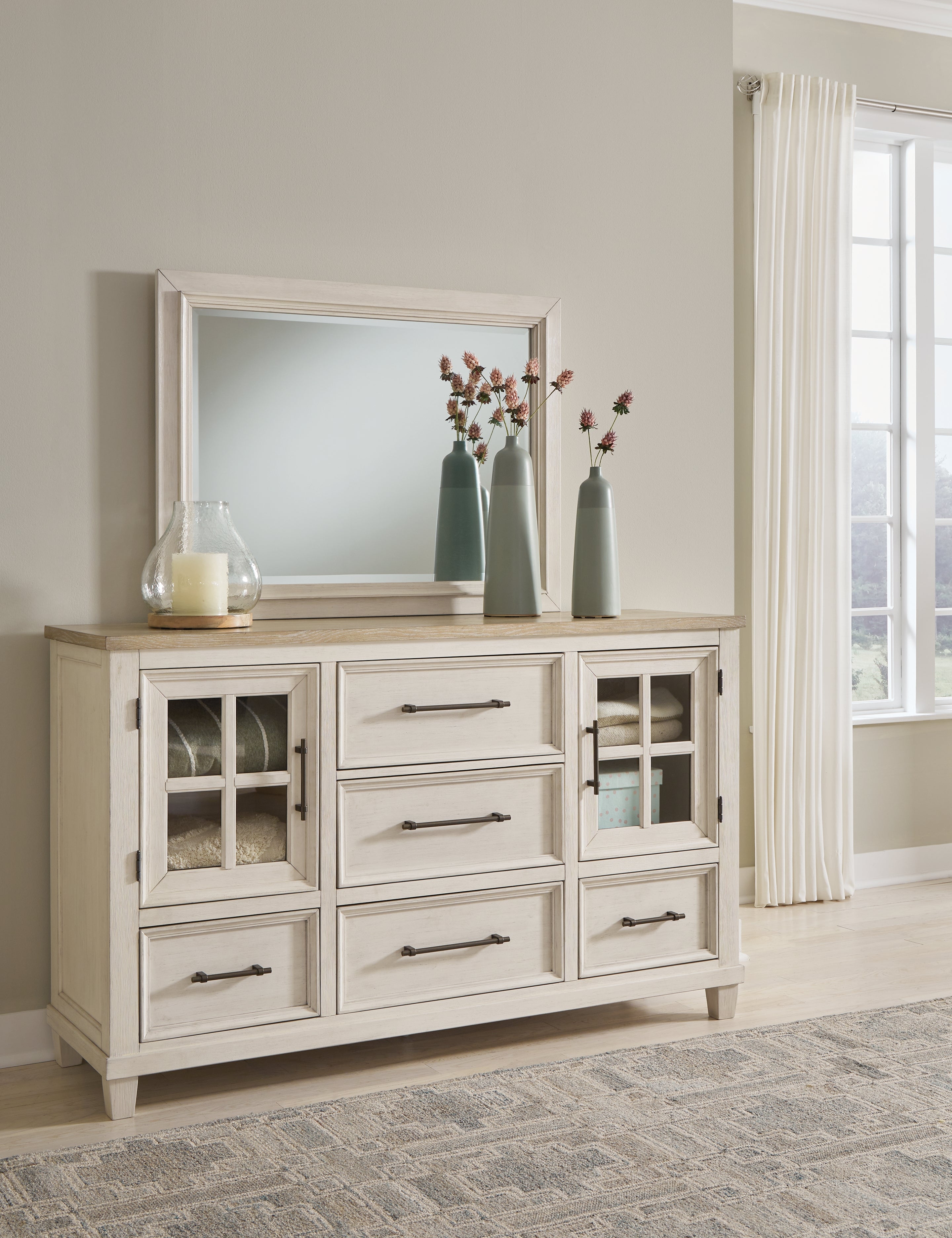 Sectionals for Less - Ashley Furniture - Shaybrock Bedroom - Dresser and Mirror / Antique White/Brown - B683B1