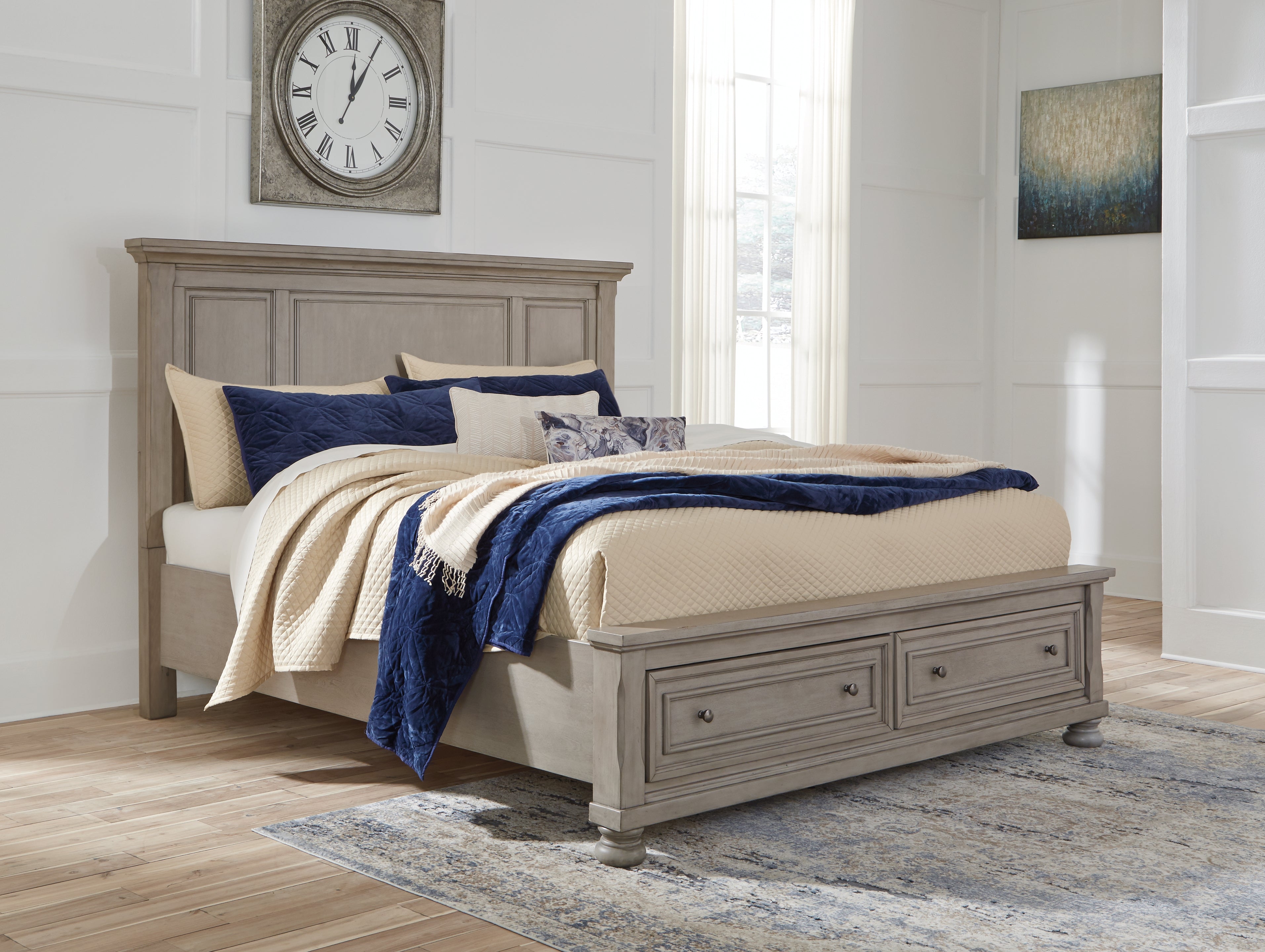 Sectionals for Less - Ashley Furniture - Lettner Bedroom - California King Panel Storage bed / Light Gray - B733B35