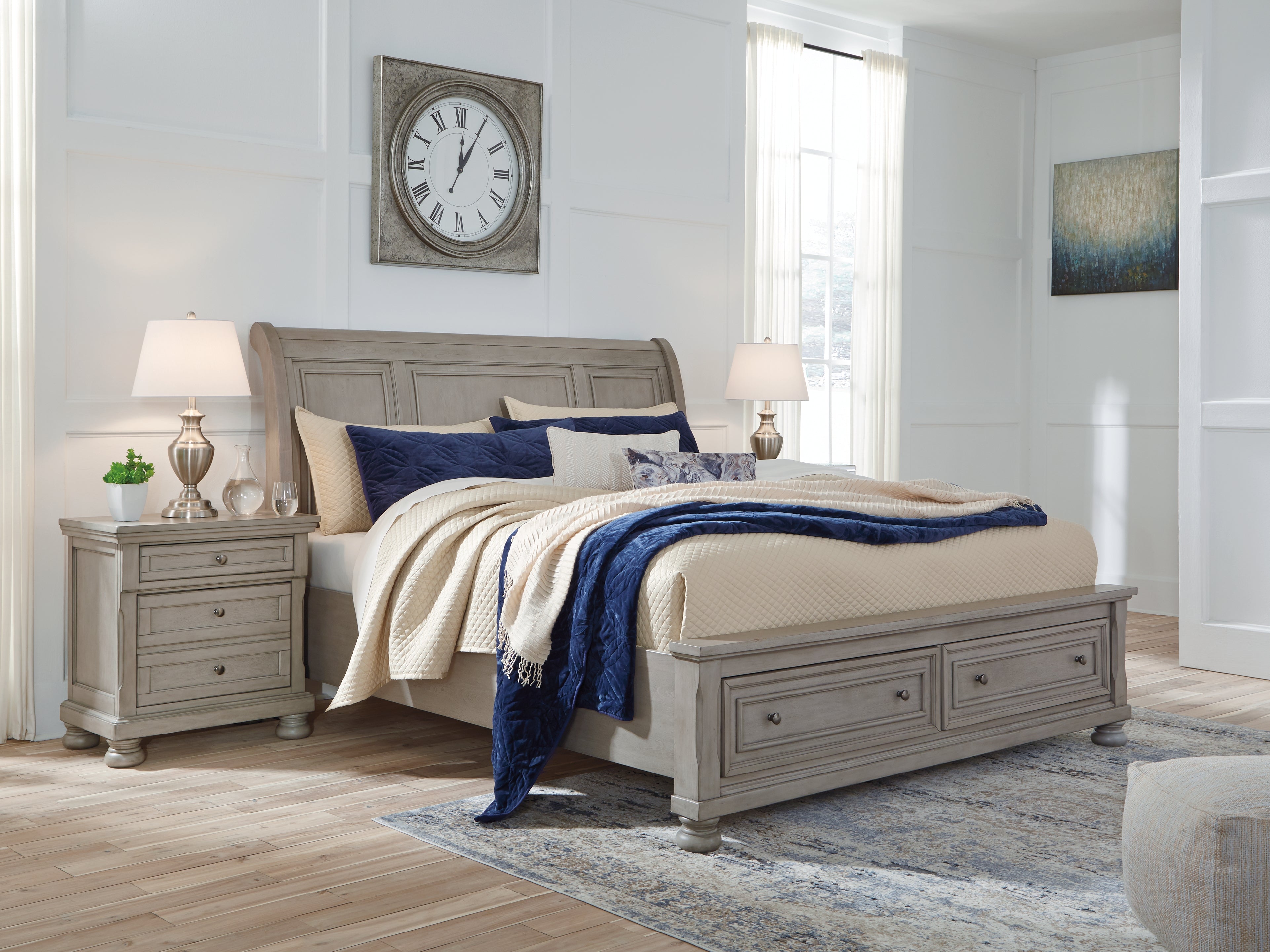 Sectionals for Less - Ashley Furniture - Lettner Bedroom - Queen Sleigh Bed with 2 Storage Drawers / Light Gray - B733B3