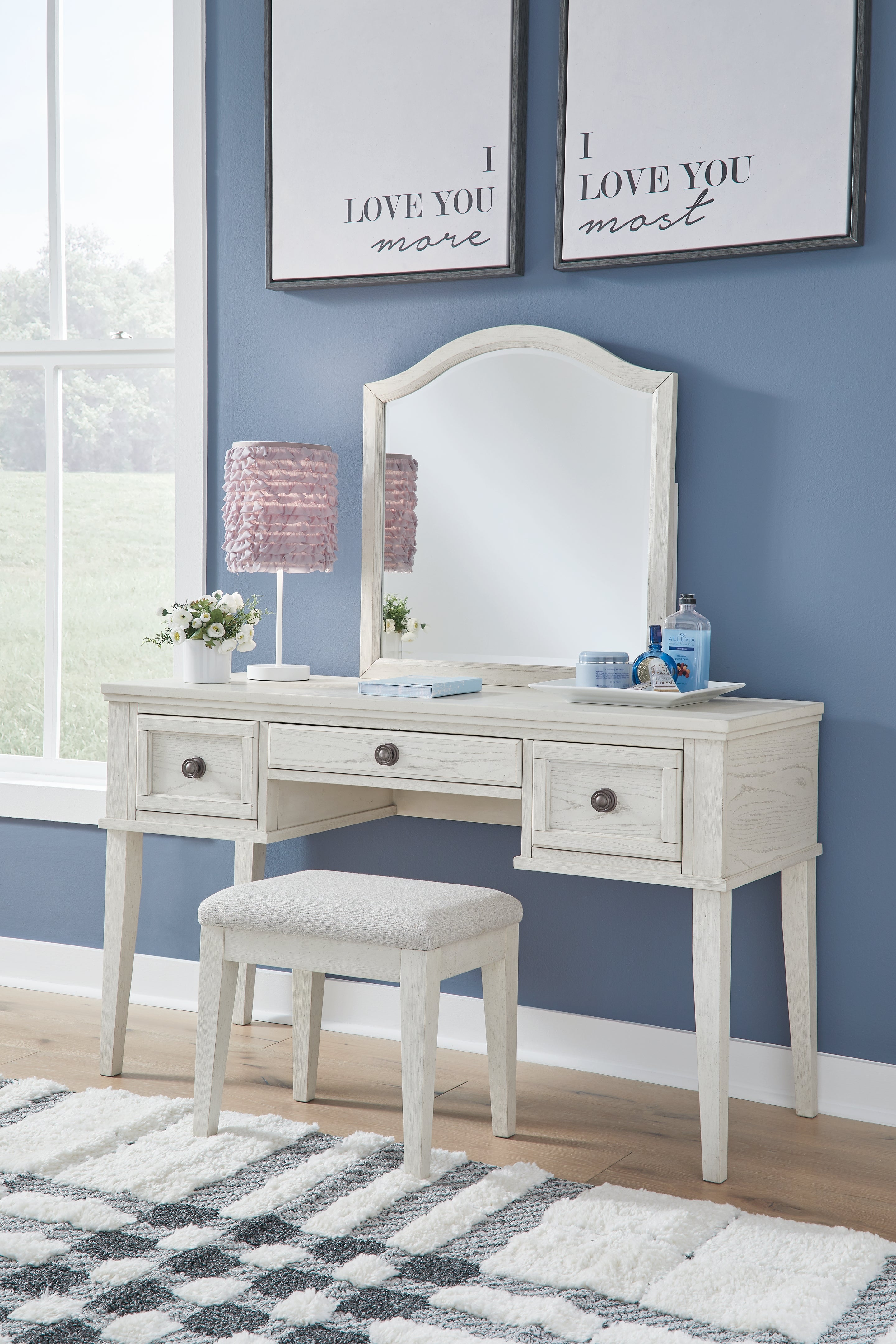 Sectionals for Less - Ashley Furniture - Robbinsdale Mirrored Vanity with Bench - Mirrored Vanity with Bench / Antique White - B742B11