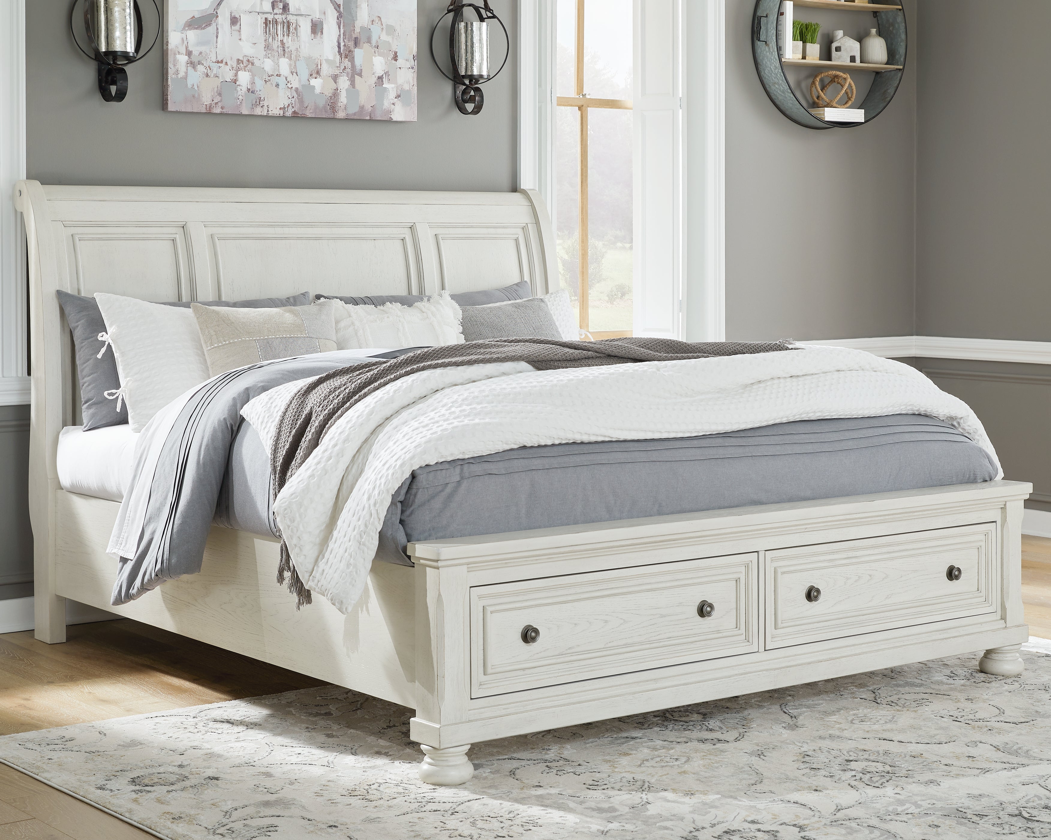 Sectionals for Less - Ashley Furniture - Robbinsdale Bedroom - California King Sleigh Bed with Storage / Antique White - B742B9