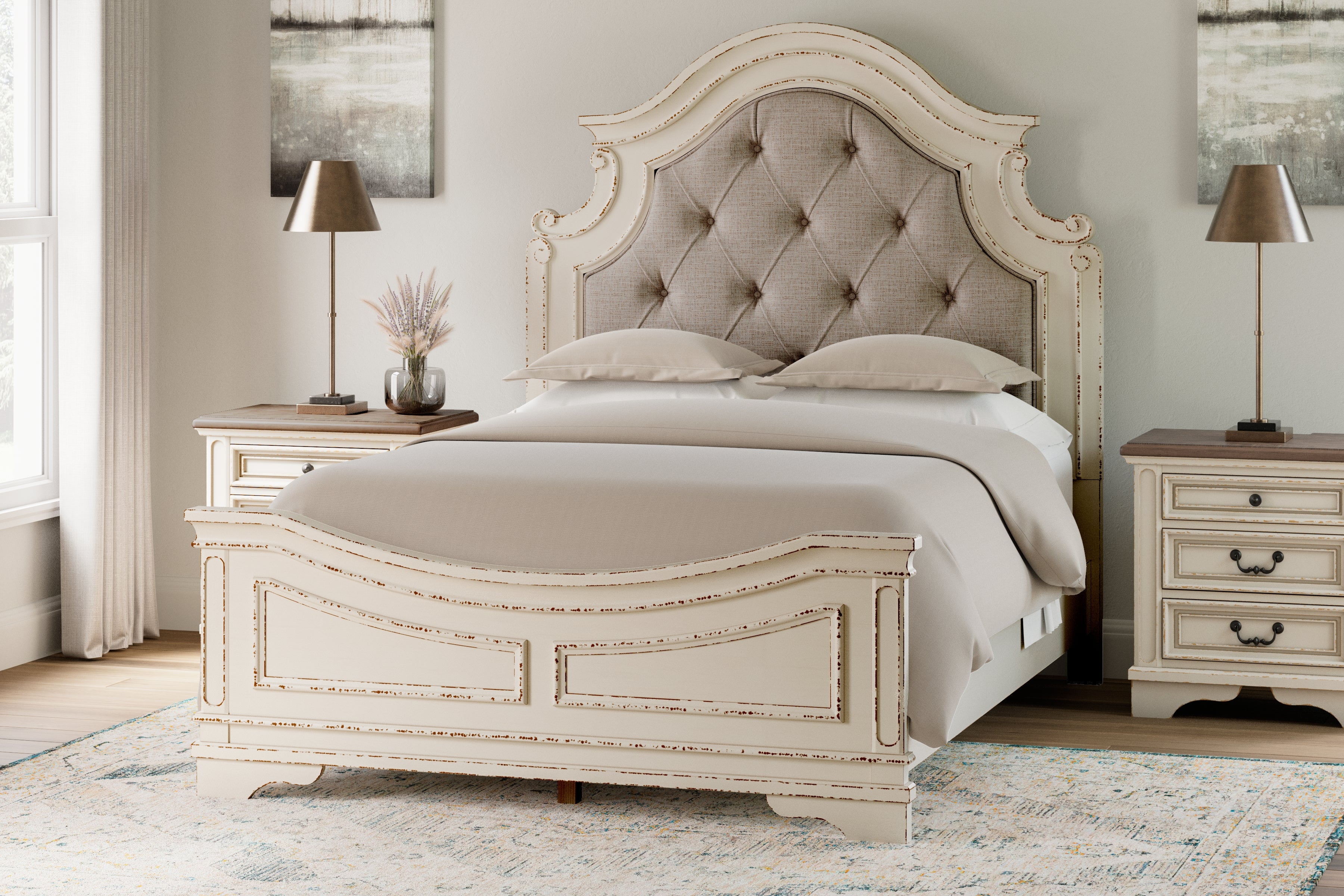 Sectionals for Less - Ashley Furniture - Realyn Bedroom - Queen Upholstered Panel Bed / Chipped White - B743B2