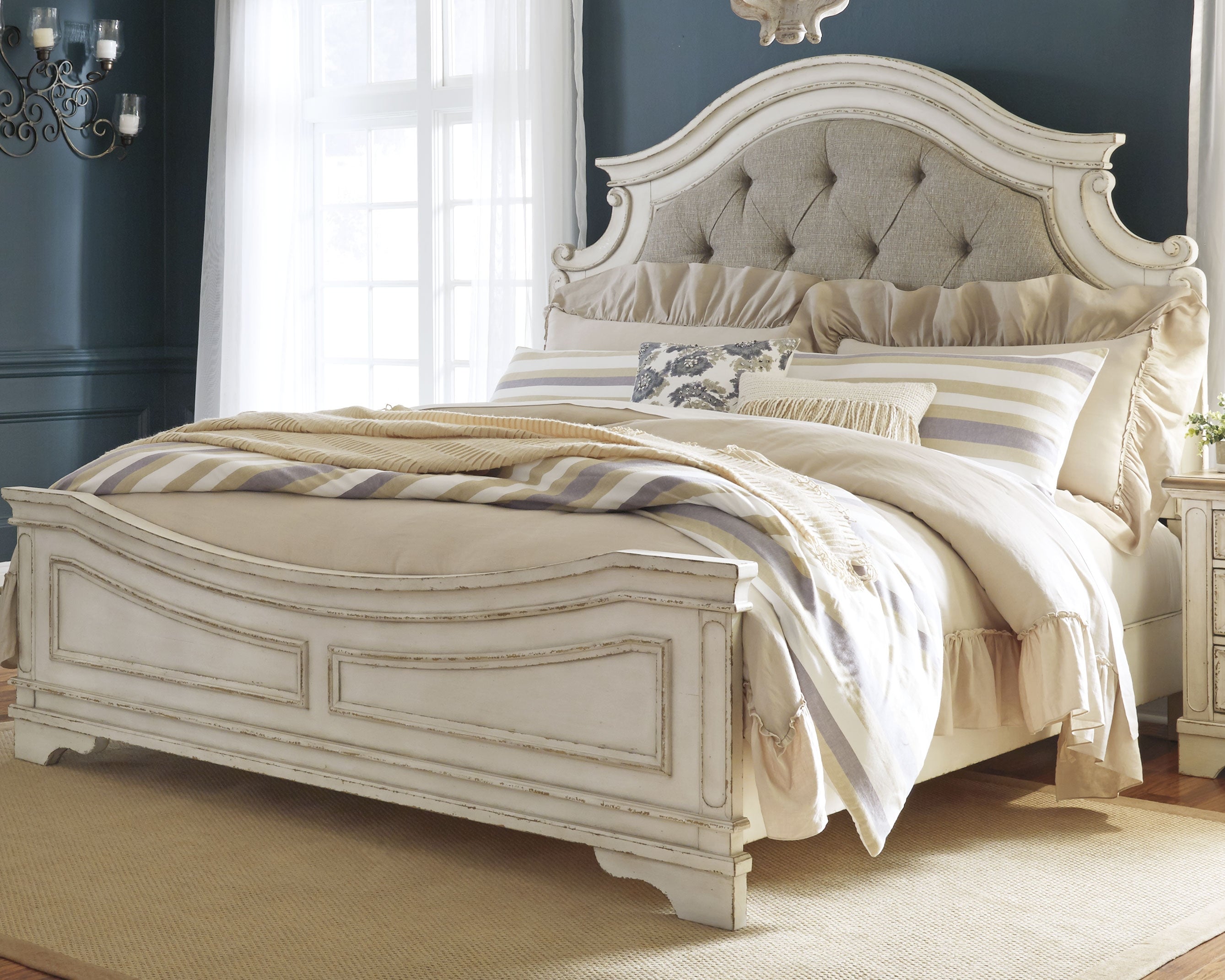 Sectionals for Less - Ashley Furniture - Realyn Bedroom - King Upholstered Panel Bed / Chipped White - B743B6