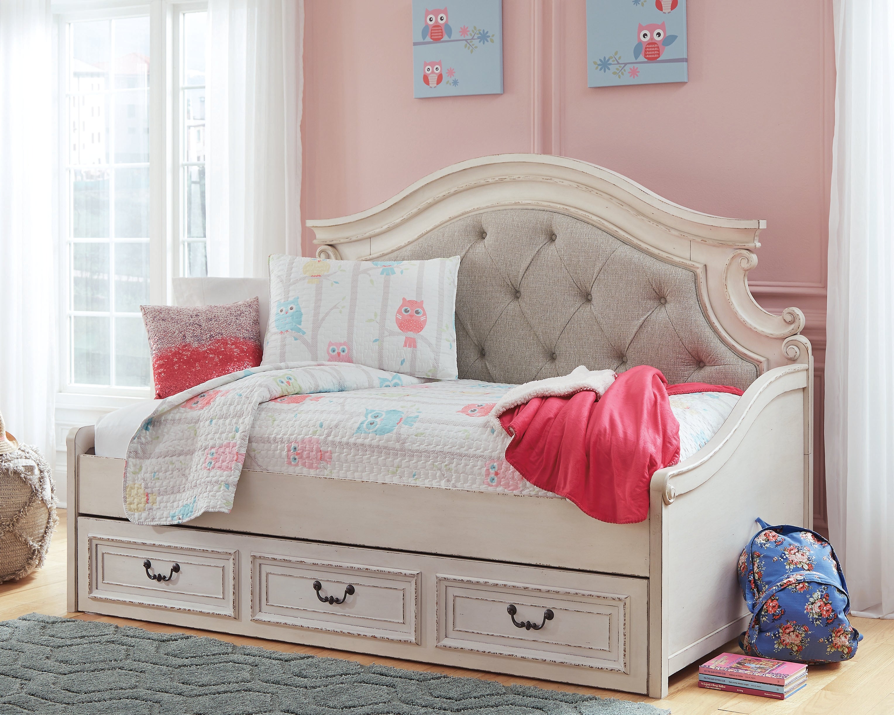 Sectionals for Less - Ashley Furniture - Realyn Bedroom - Twin Day Bed with 1 Large Storage Drawer / Chipped White - B743B15