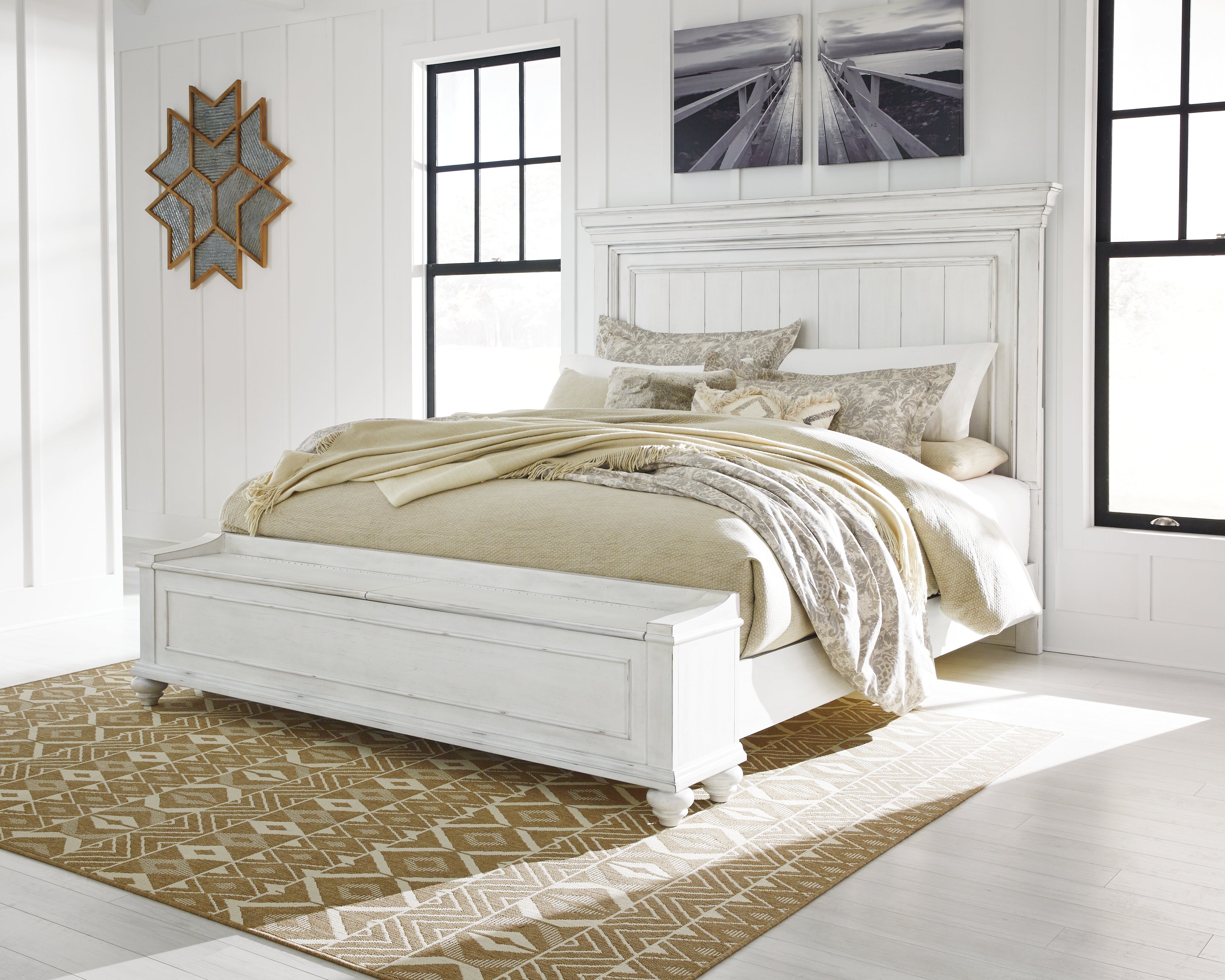 Sectionals for Less - Ashley Furniture - Kanwyn Bedroom - California King Panel Bed with Storage Bench / Whitewash - B777B12