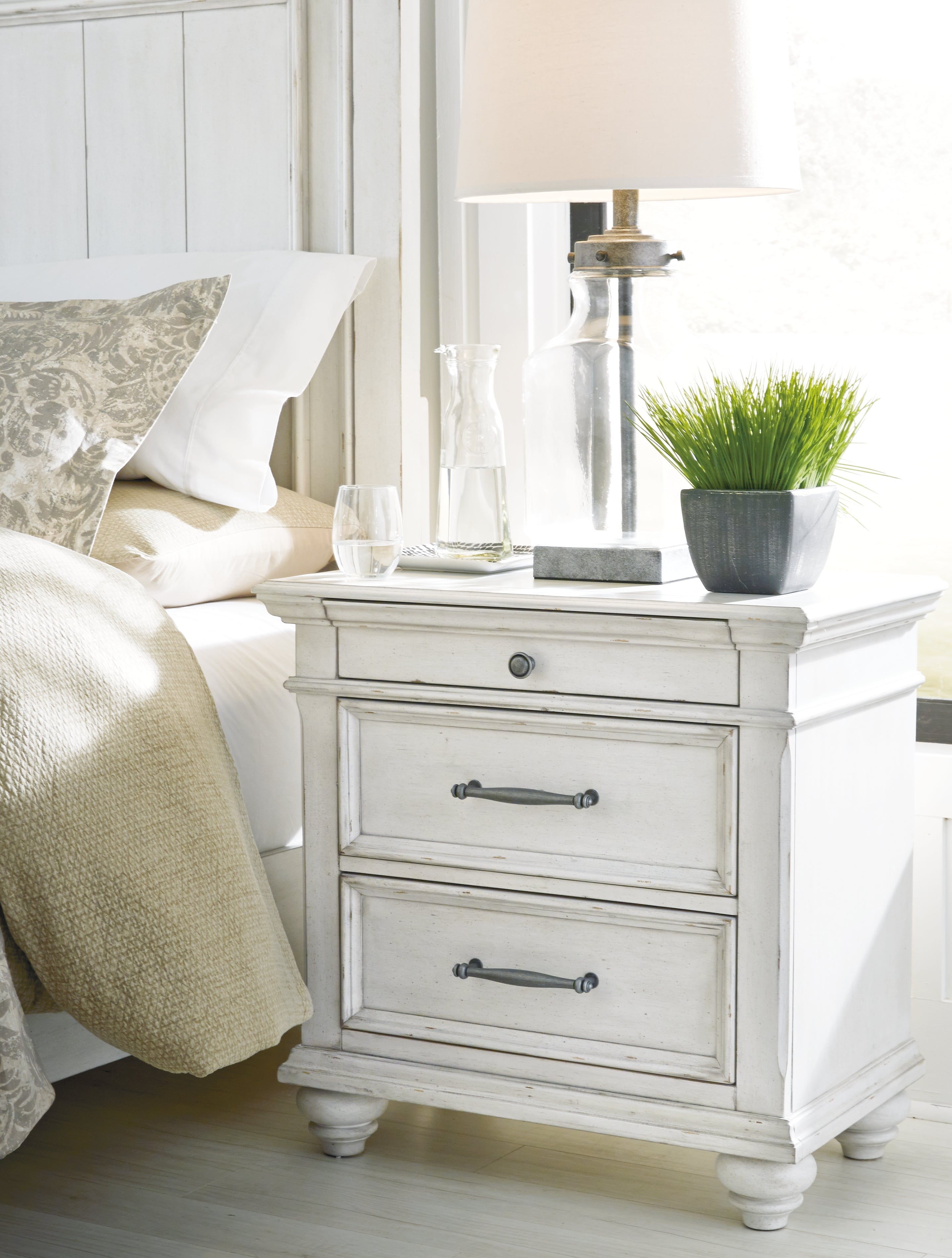 Sectionals for Less - Ashley Furniture - Kanwyn Bedroom - Three Drawer Night Stand / Whitewash - B777-93