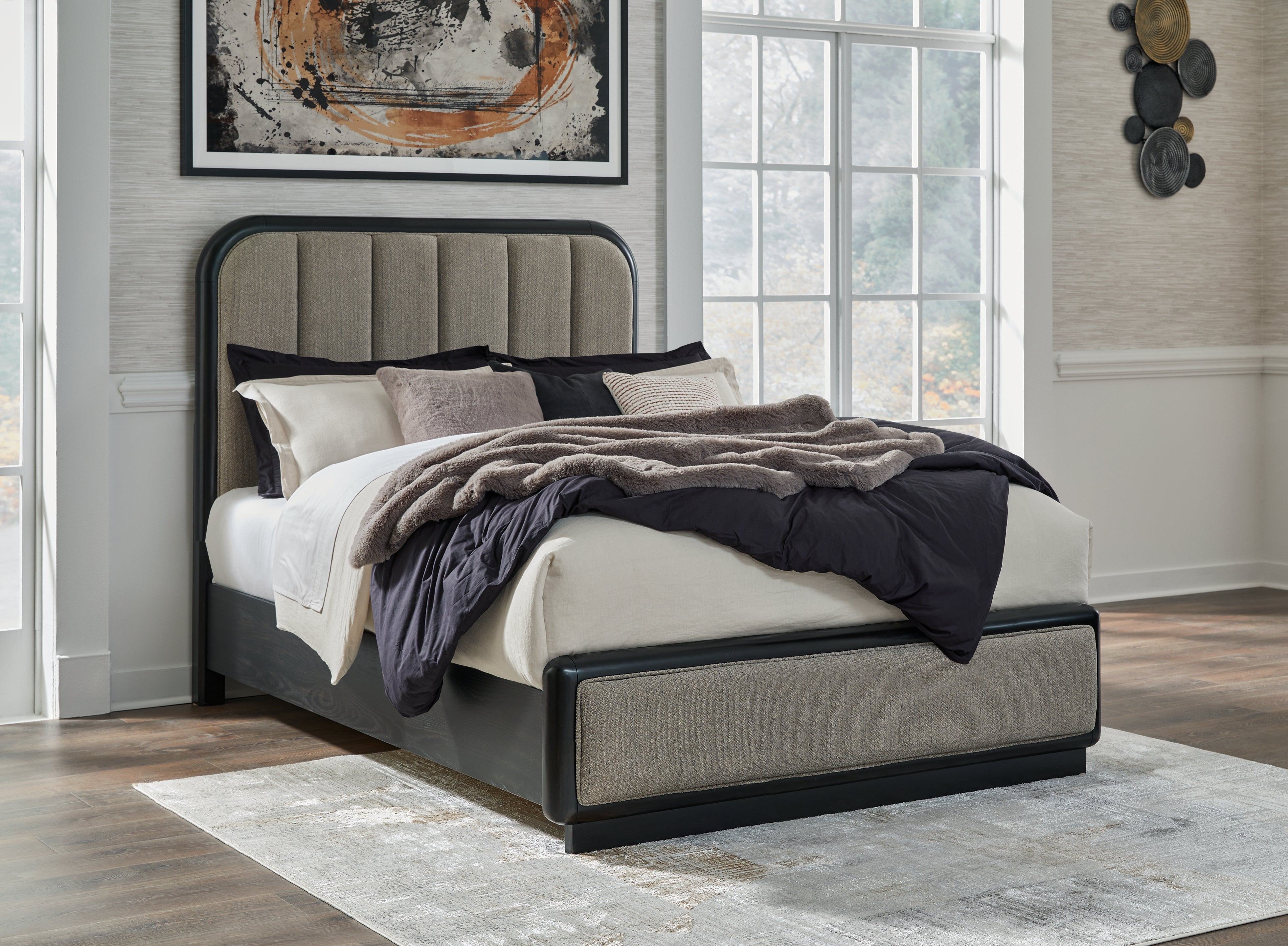 Sectionals for Less - Ashley Furniture - Rowanbeck Bedroom - Queen Upholstered Panel Bed / Gray/Black - B821B2