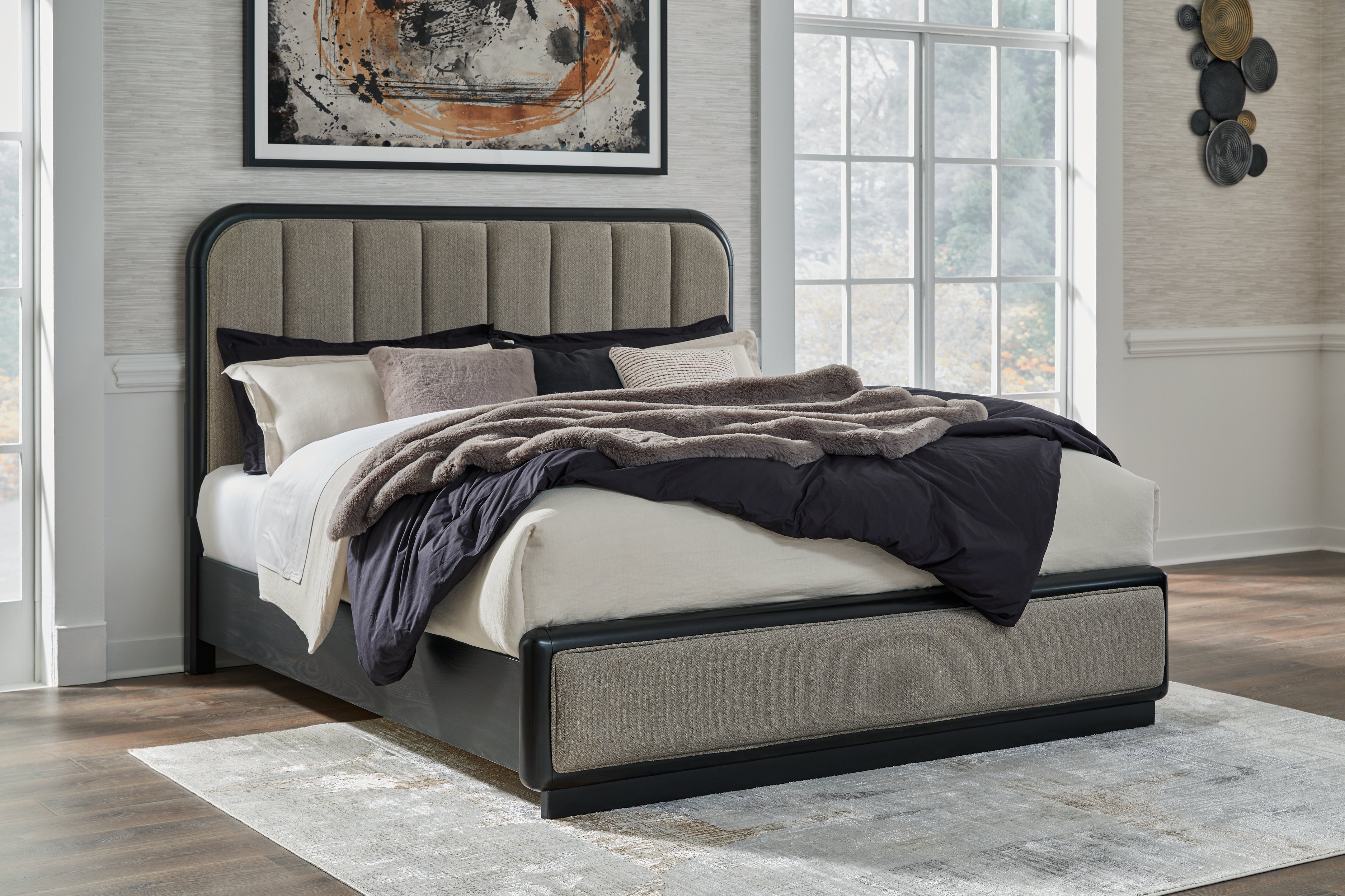 Sectionals for Less - Ashley Furniture - Rowanbeck Bedroom - King Upholstered Panel Bed / Gray/Black - B821B4