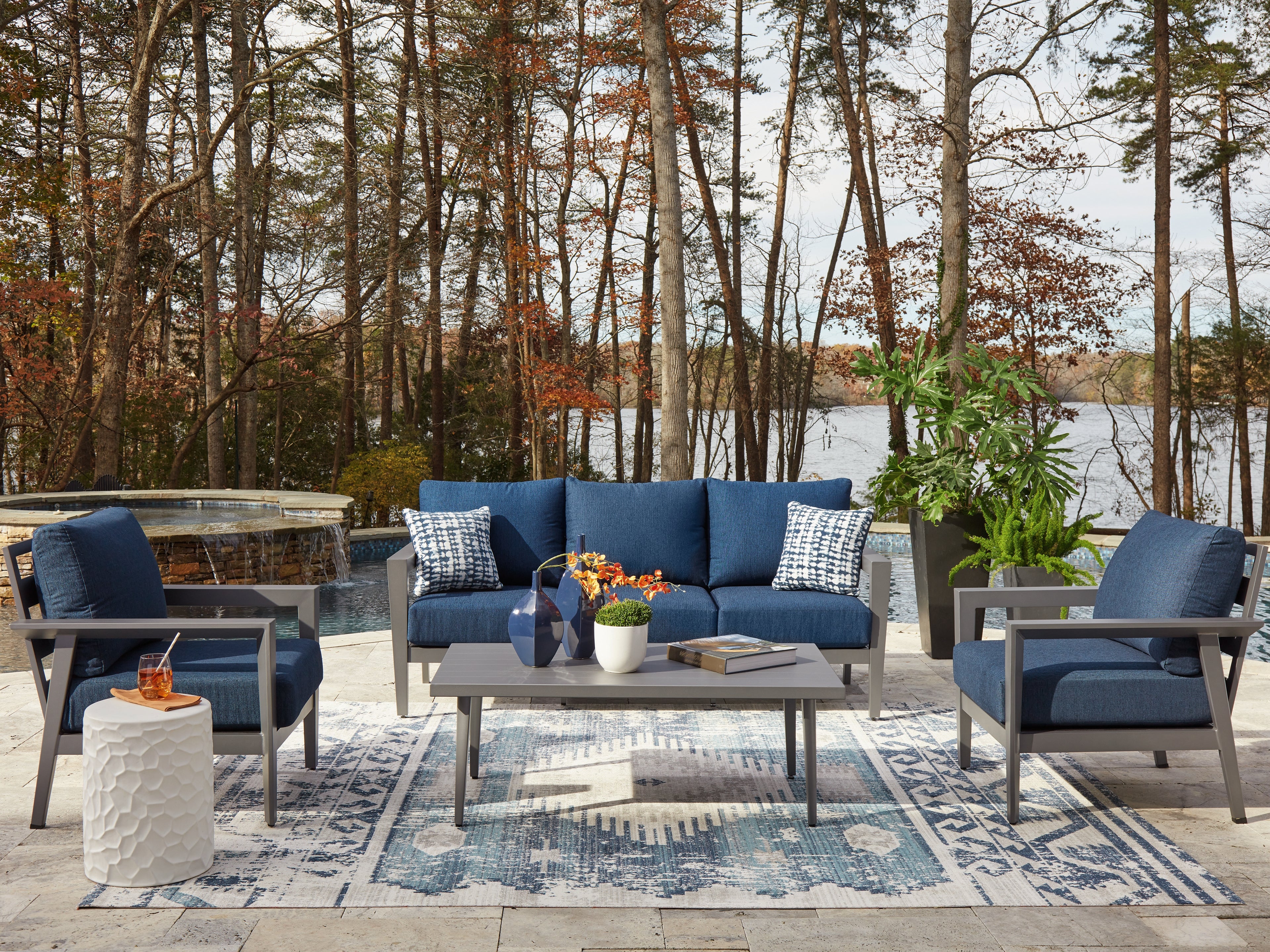 Sectionals for Less - Ashley Furniture - Gali Outdoor - Sofa/Chairs/Table Set (4/CN) / Gray/Blue - P275-081