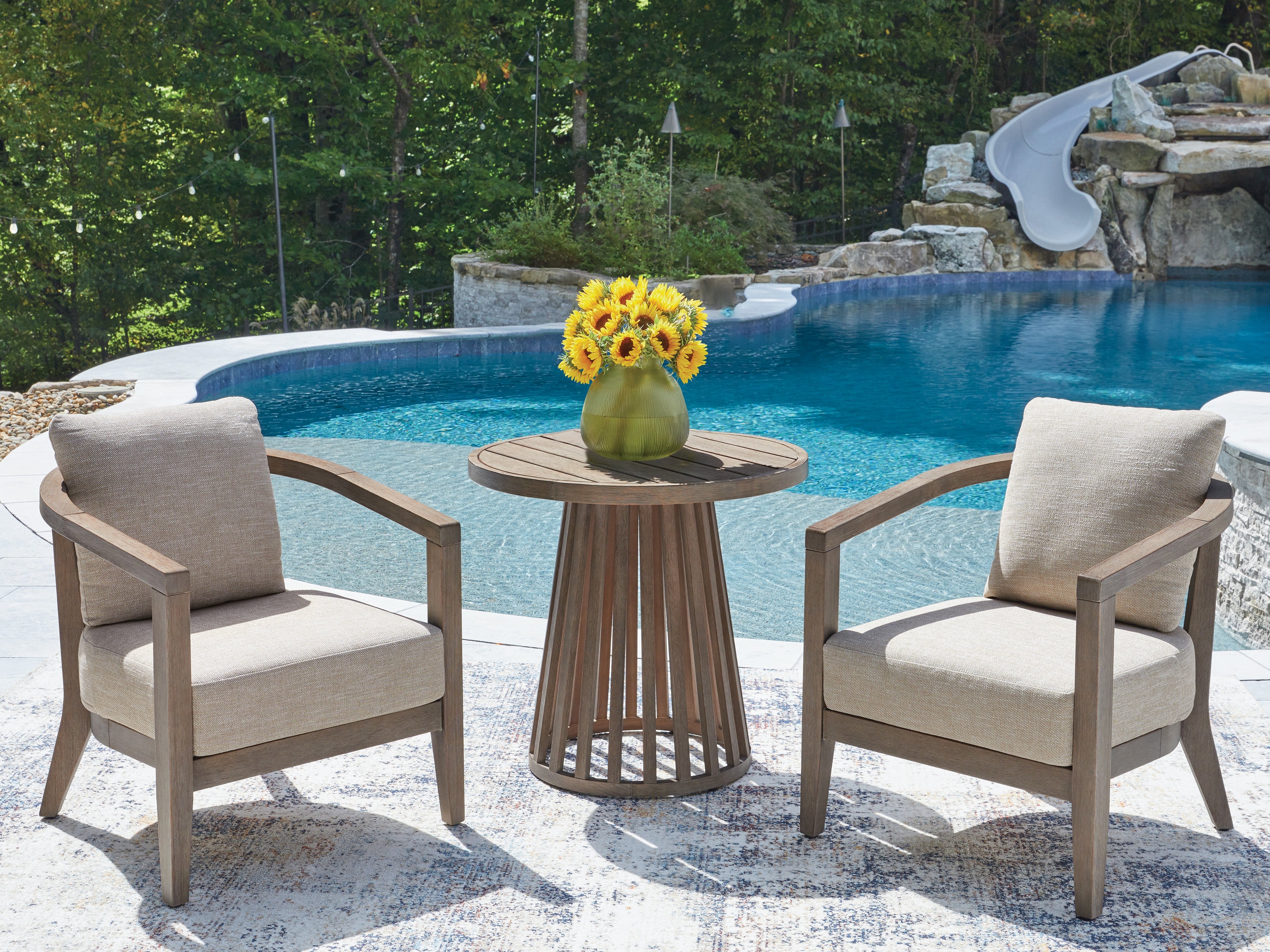 Sectionals for Less - Ashley Furniture - Joy Lagoon Outdoor - Chairs w/CUSH/Table Set (3/CN) - PCP310-050