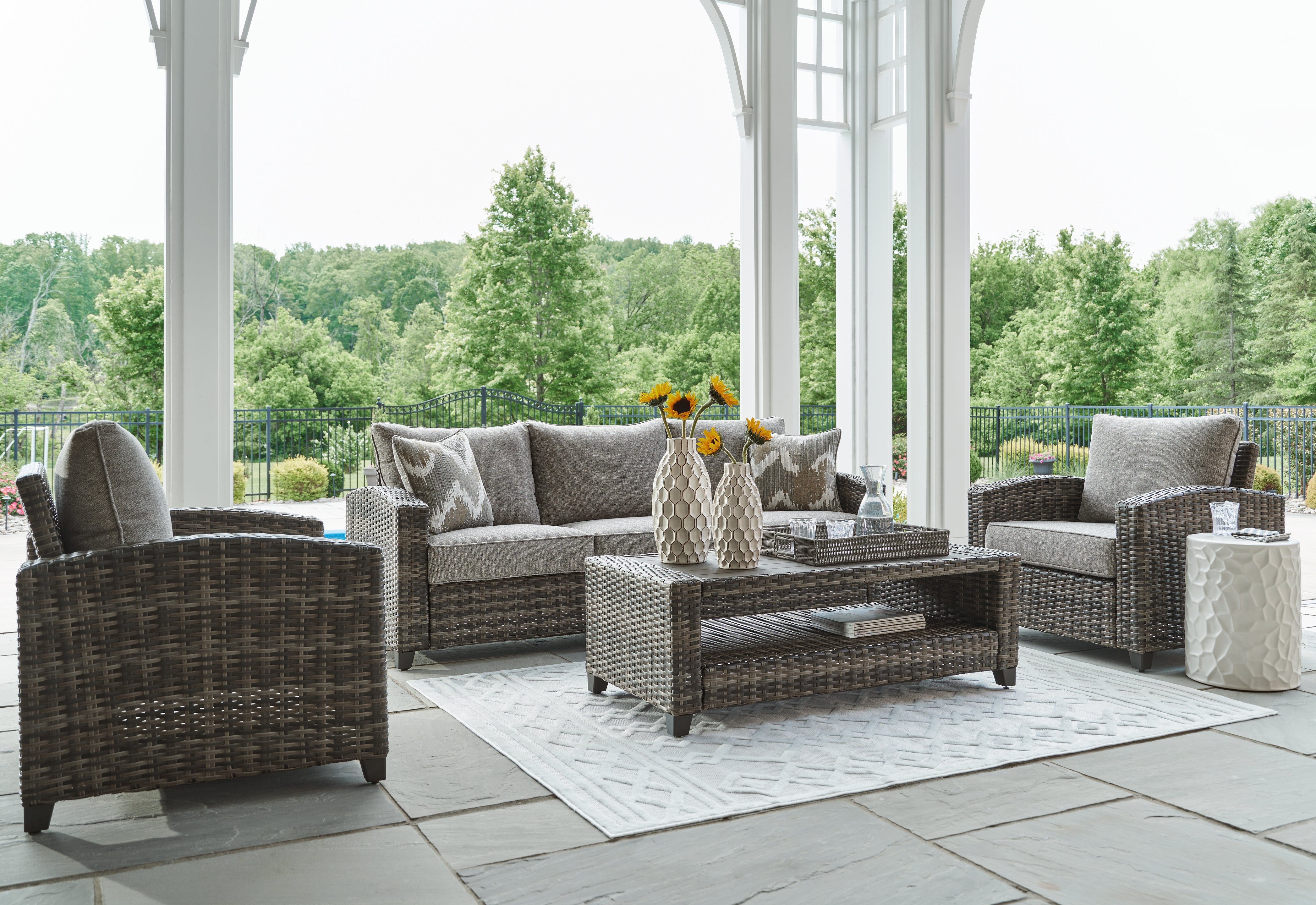 Sectionals for Less - Ashley Furniture - Oasis Court Outdoor - Sofa/Chairs/Table Set (4/CN) / Gray - P335-081