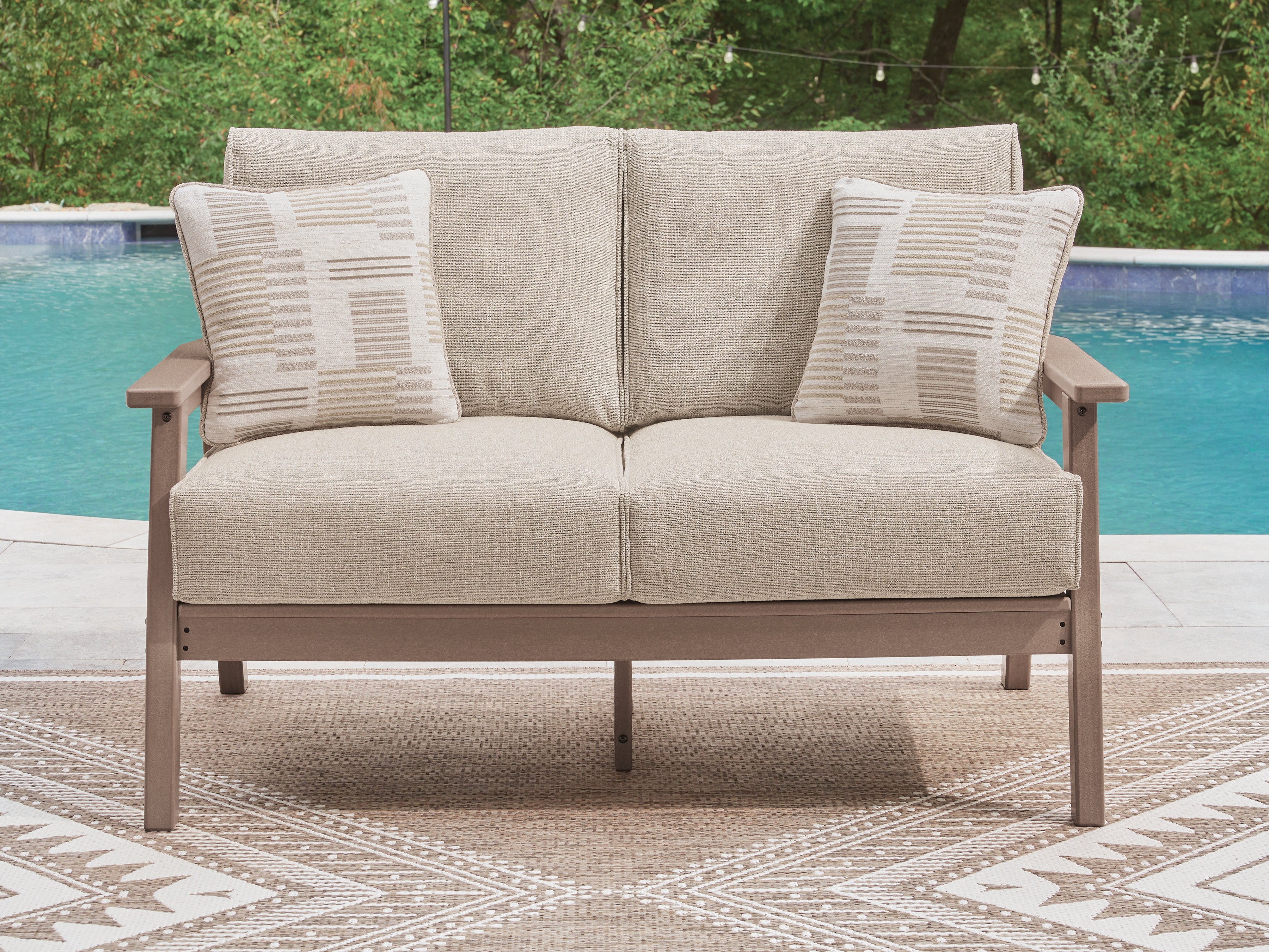 Sectionals for Less - Ashley Furniture - Grover Beach Outdoor - Loveseat w/Cushion / Driftwood - PCP422-835