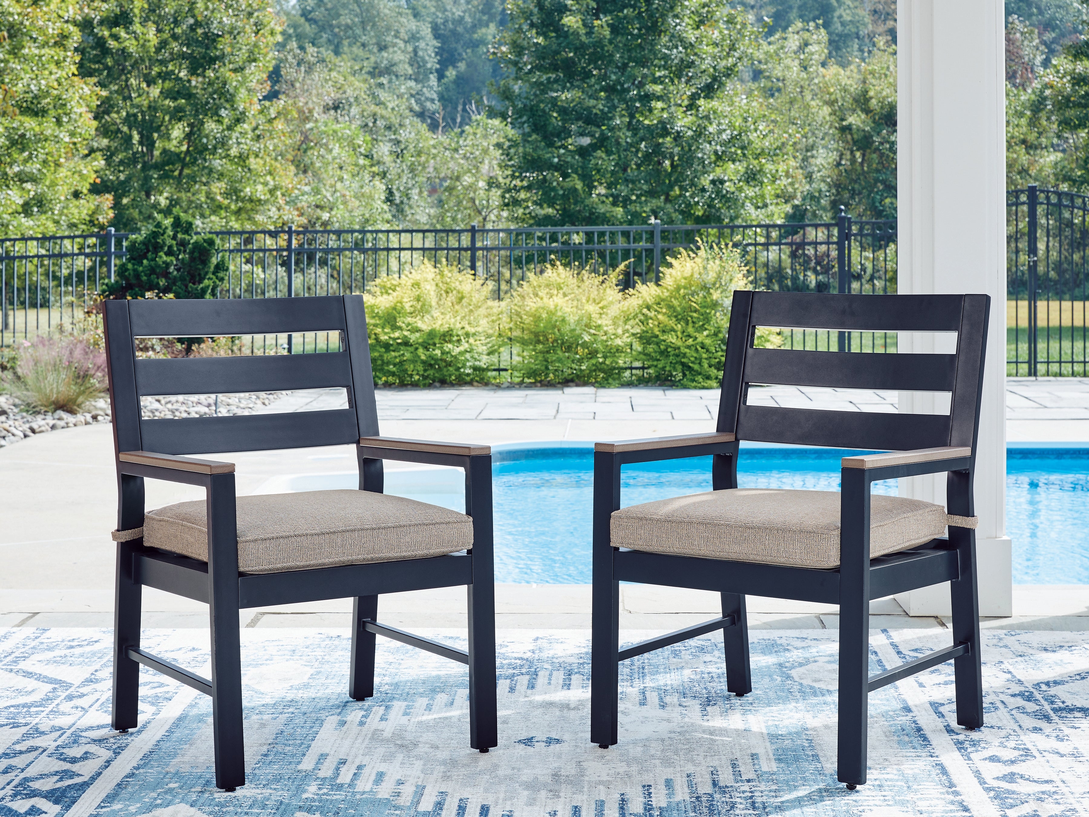 Sectionals for Less - Ashley Furniture - East Beach Outdoor - Arm Chair With Cushion (Set of 2) / Navy Blue/Driftwood - PCP587-601A