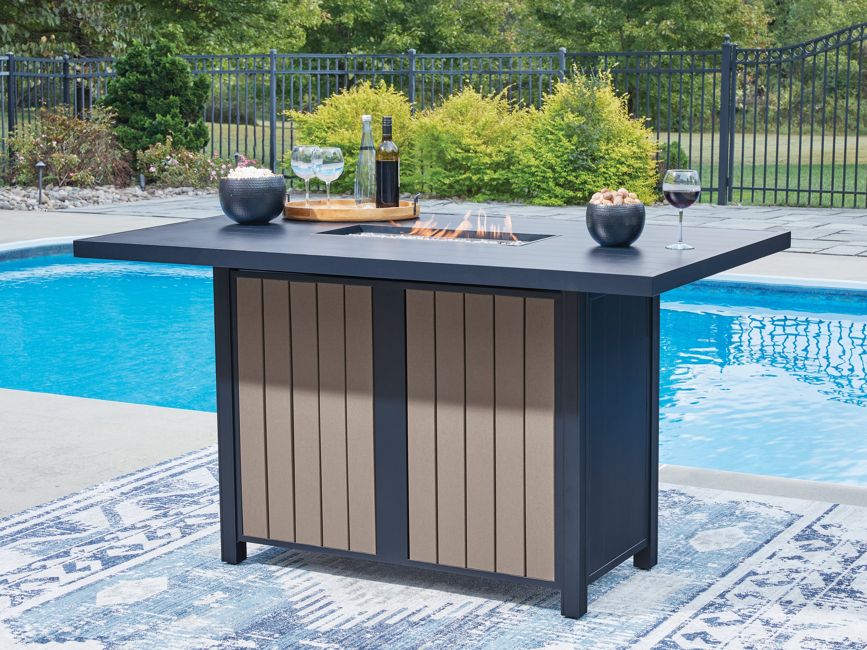 Sectionals for Less - Ashley Furniture - East Beach Outdoor - RECT Bar Table w/Fire Pit / Navy Blue/Driftwood - PCP587-665
