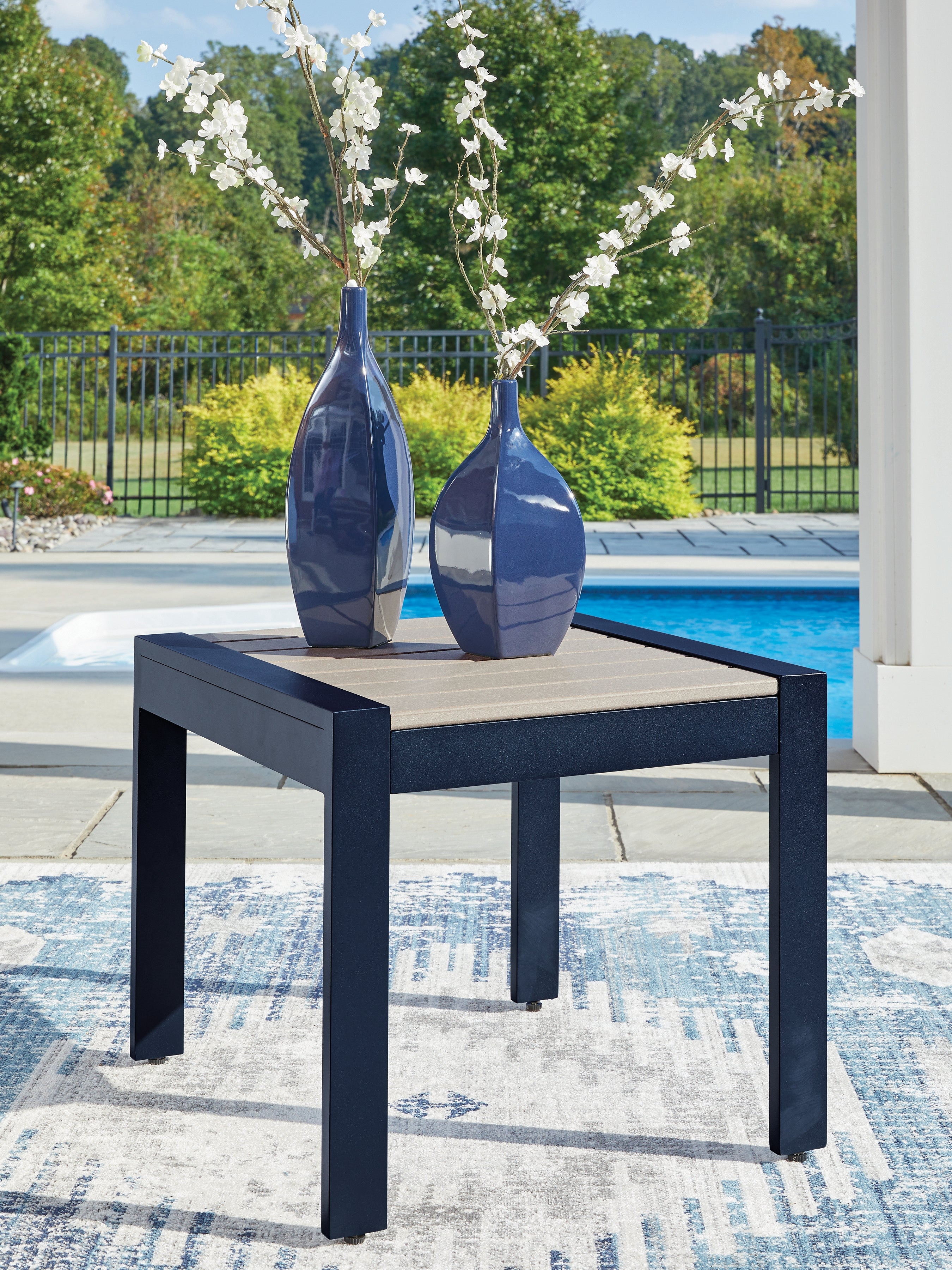 Sectionals for Less - Ashley Furniture - East Beach Outdoor - Rectangular End Table / Navy Blue/Driftwood - PCP587-703